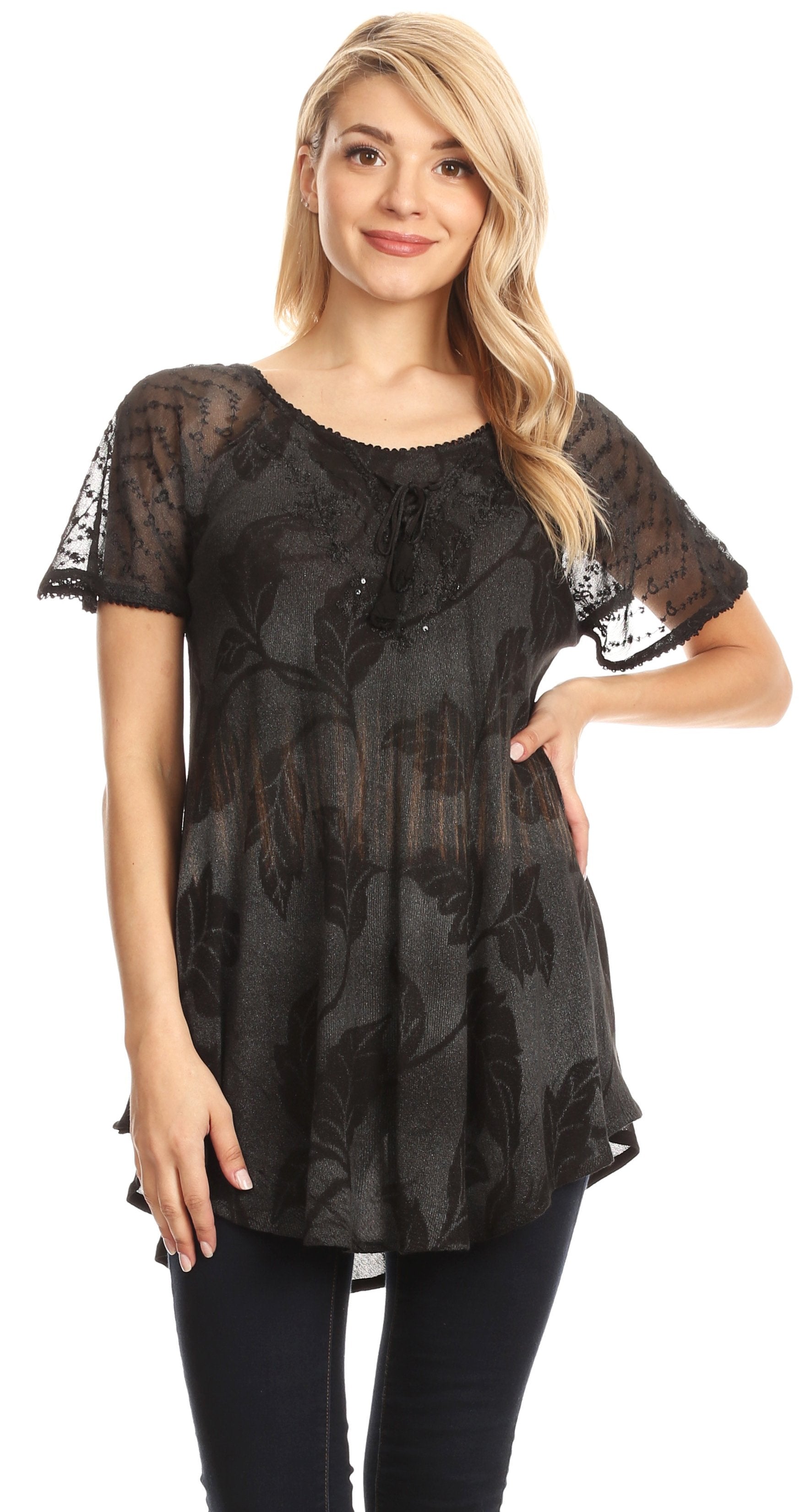 Sakkas Parisa Casual Summer Short Sleeve Top Blouse with Corset and Embroidery - Buy One Get One