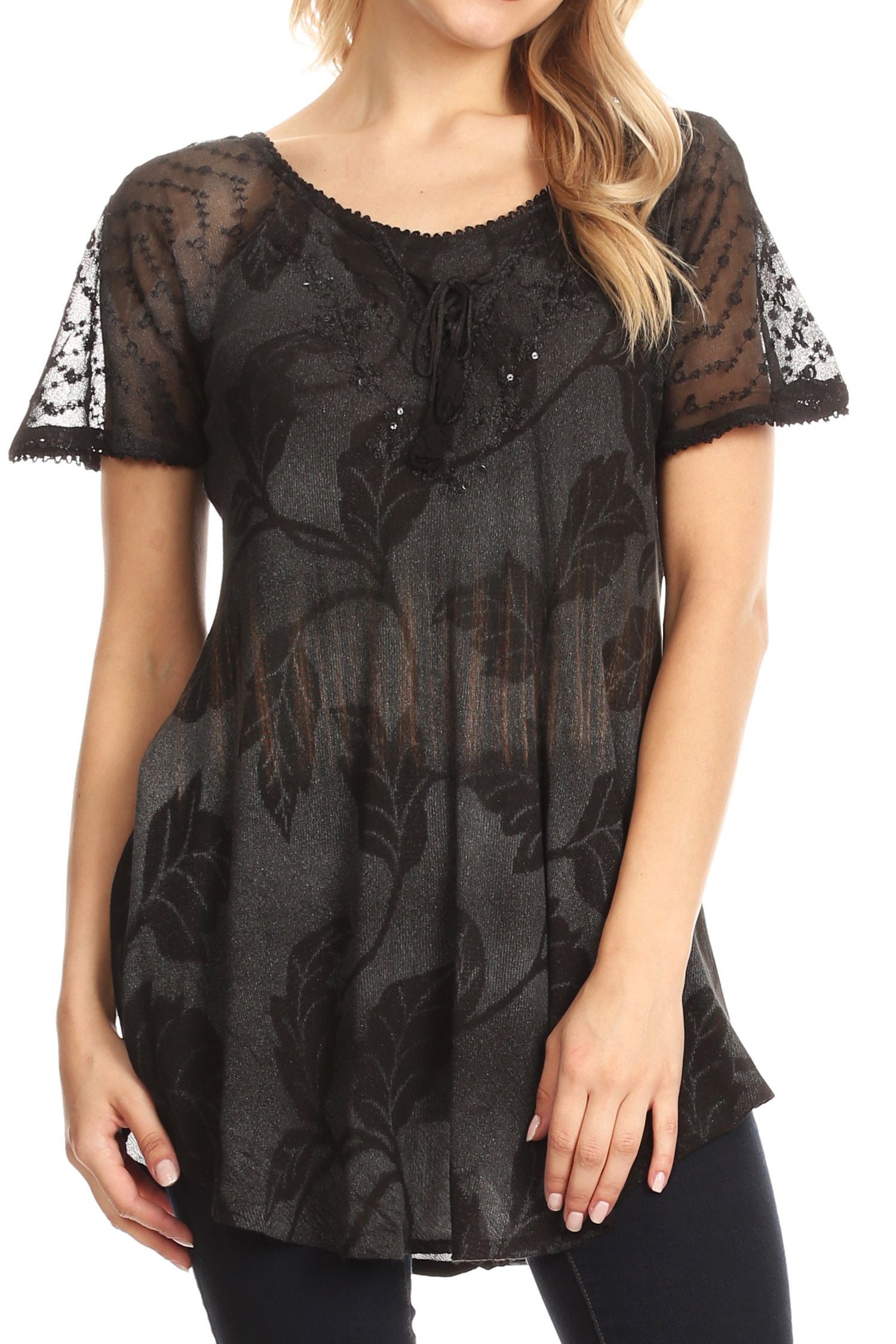 Sakkas Parisa Casual Summer Short Sleeve Top Blouse with Corset and Embroidery - Buy One Get One