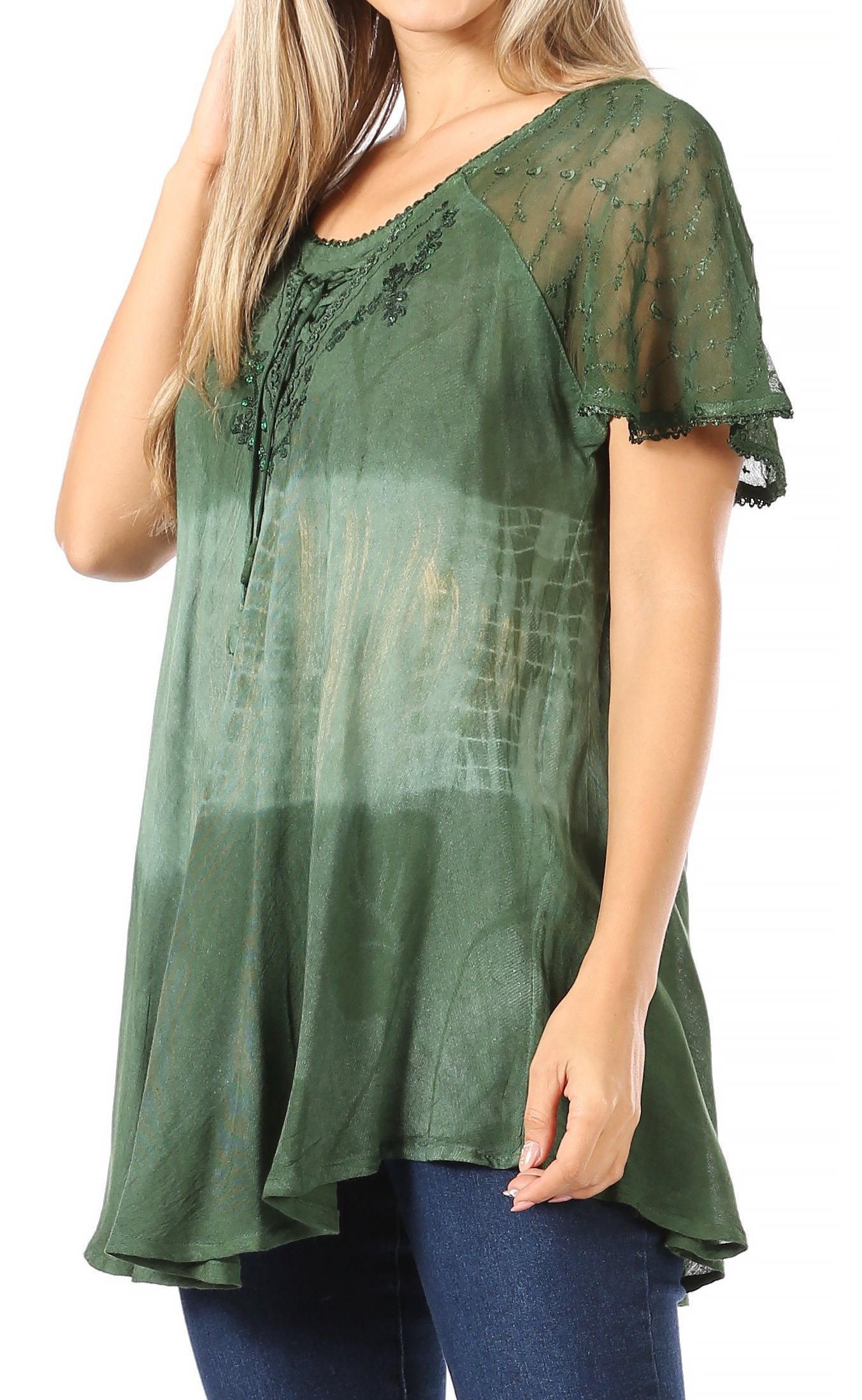 Sakkas Parisa Casual Summer Short Sleeve Top Blouse with Corset and Embroidery - Buy One Get One
