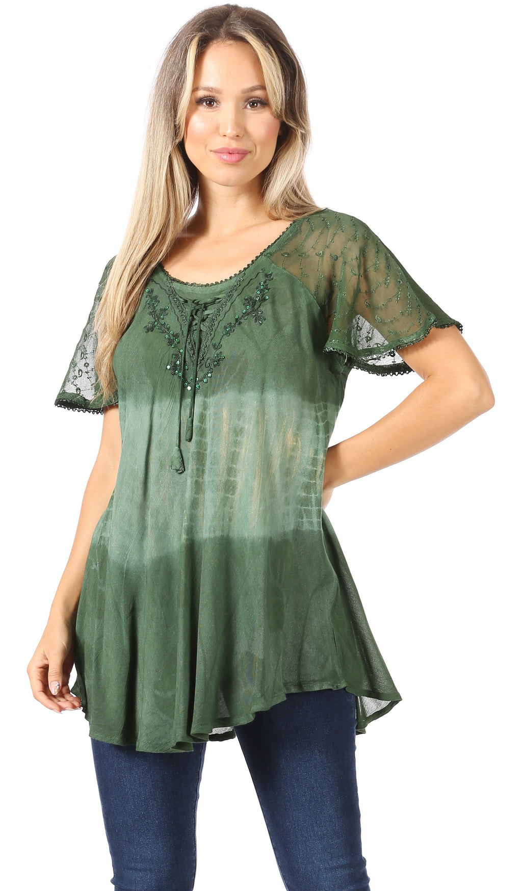 Sakkas Parisa Casual Summer Short Sleeve Top Blouse with Corset and Embroidery - Buy One Get One
