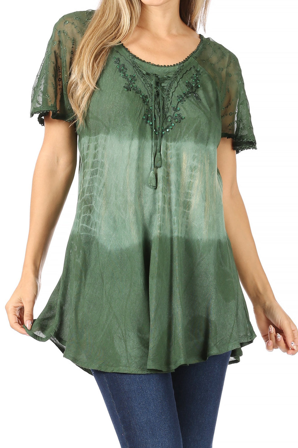 Sakkas Parisa Casual Summer Short Sleeve Top Blouse with Corset and Embroidery - Buy One Get One