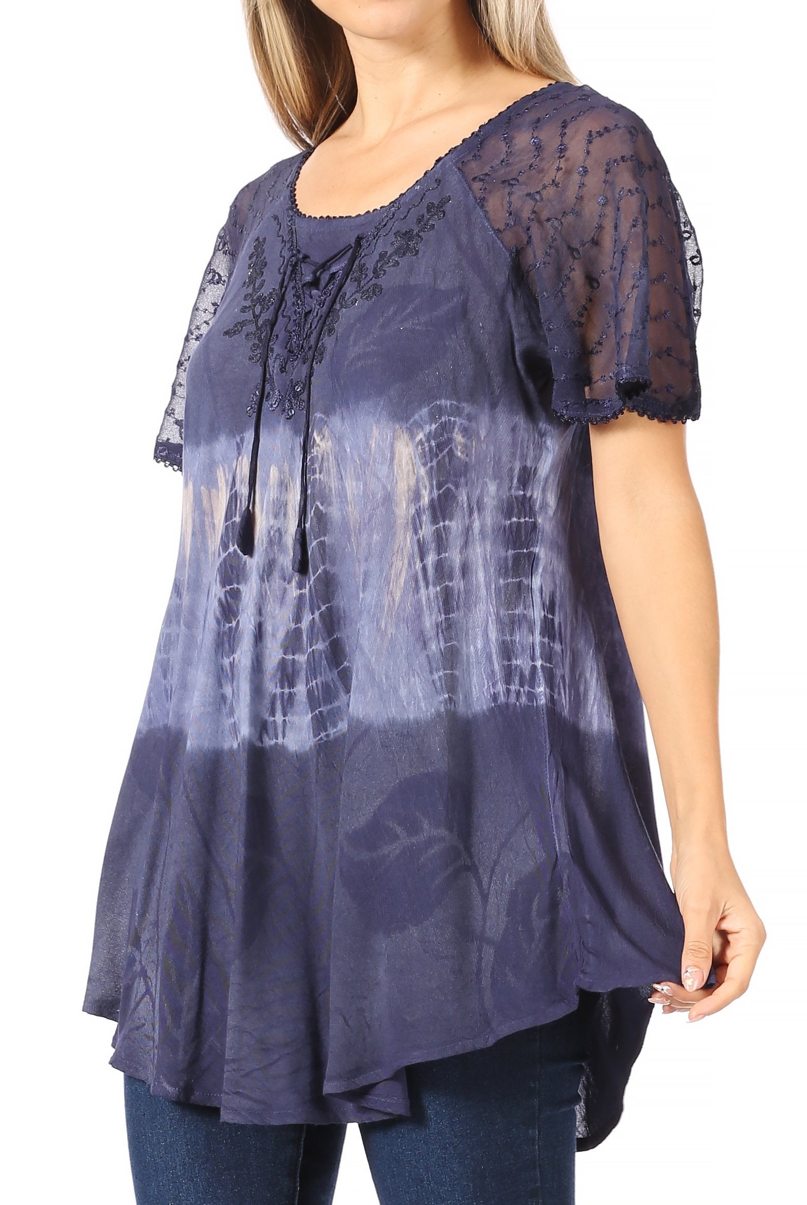 Sakkas Parisa Casual Summer Short Sleeve Top Blouse with Corset and Embroidery - Buy One Get One