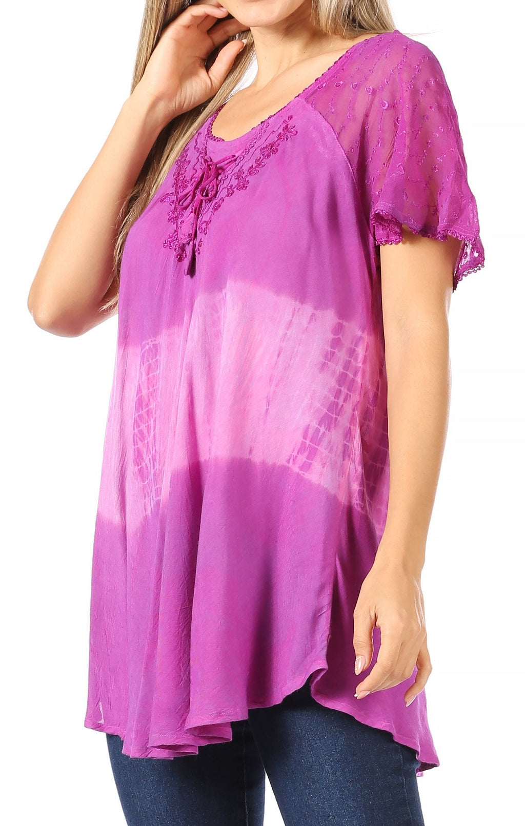 Sakkas Parisa Casual Summer Short Sleeve Top Blouse with Corset and Embroidery - Buy One Get One