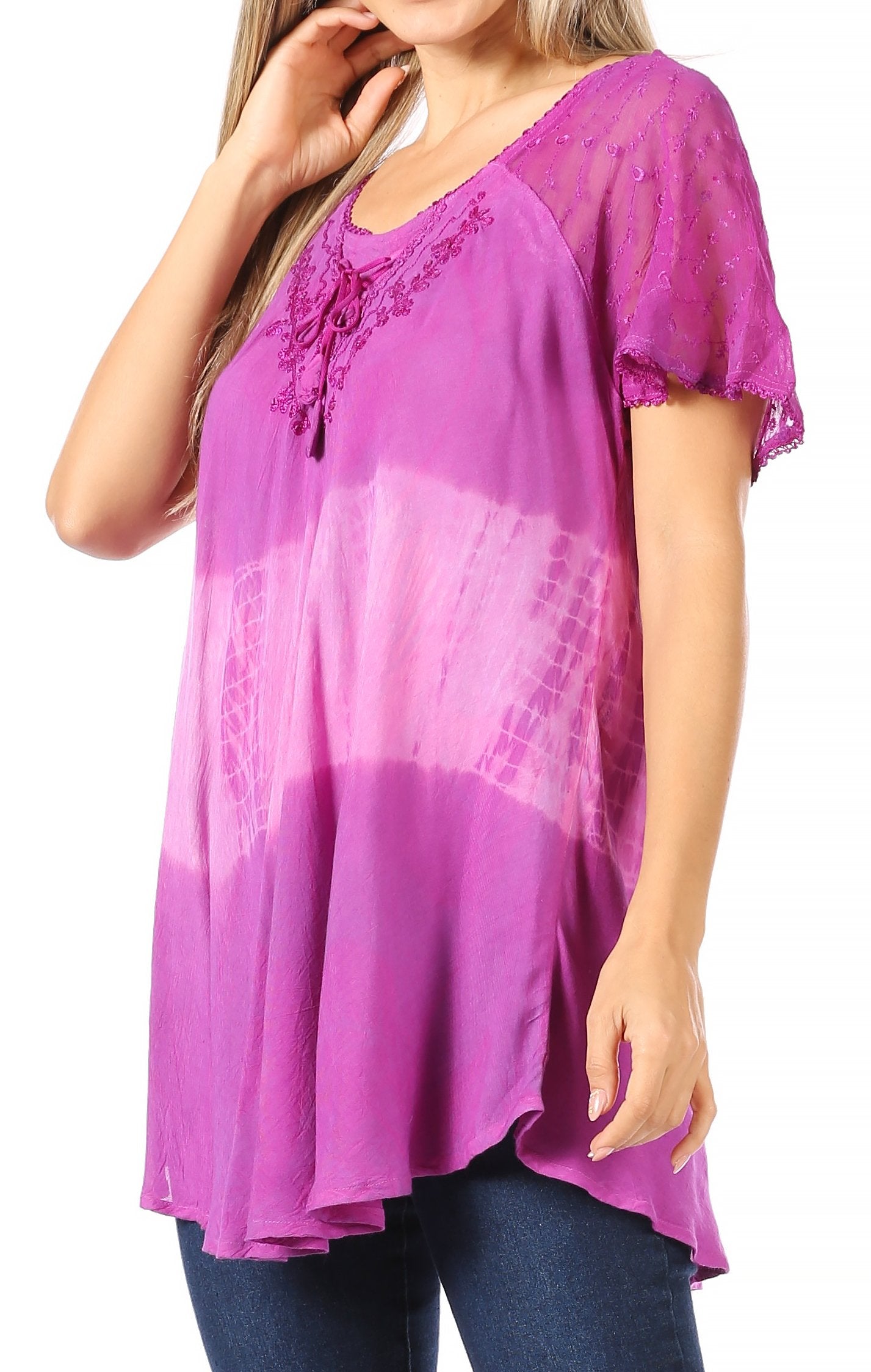 Sakkas Parisa Casual Summer Short Sleeve Top Blouse with Corset and Embroidery - Buy One Get One