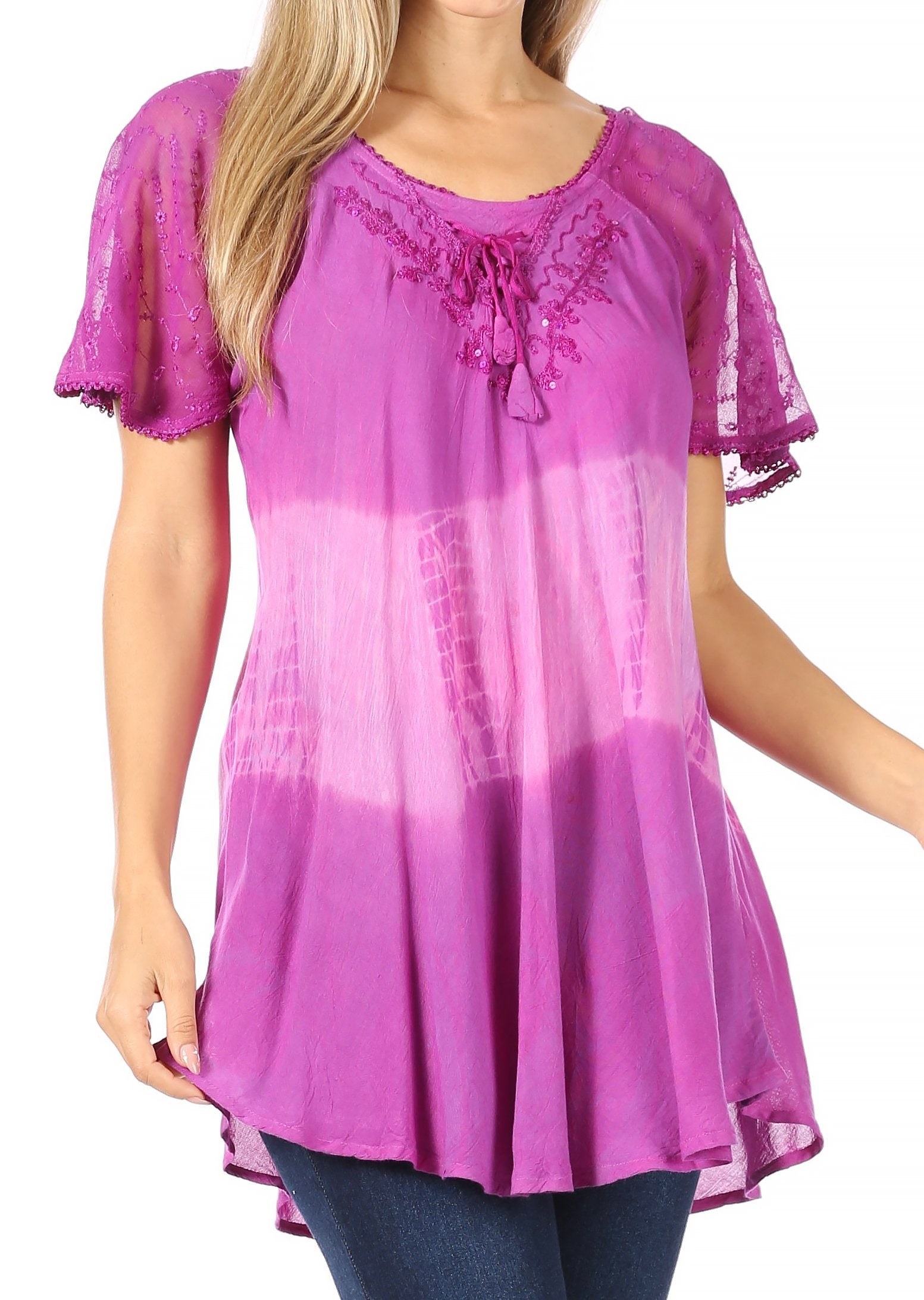 Sakkas Parisa Casual Summer Short Sleeve Top Blouse with Corset and Embroidery - Buy One Get One