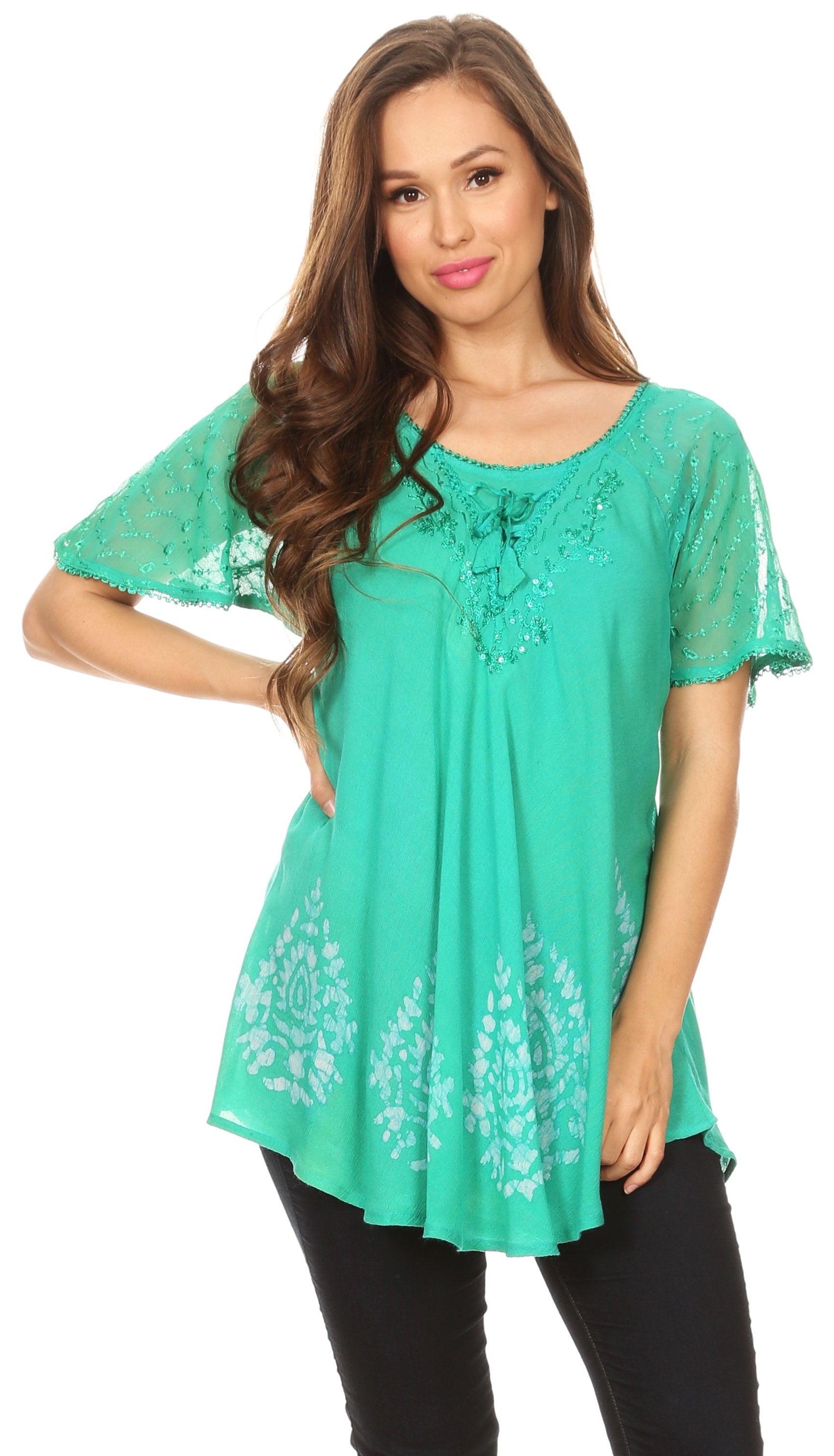 Sakkas Alberta Womens Short Sleeve Corset Blouse Top with Batik and Lace Sleeves