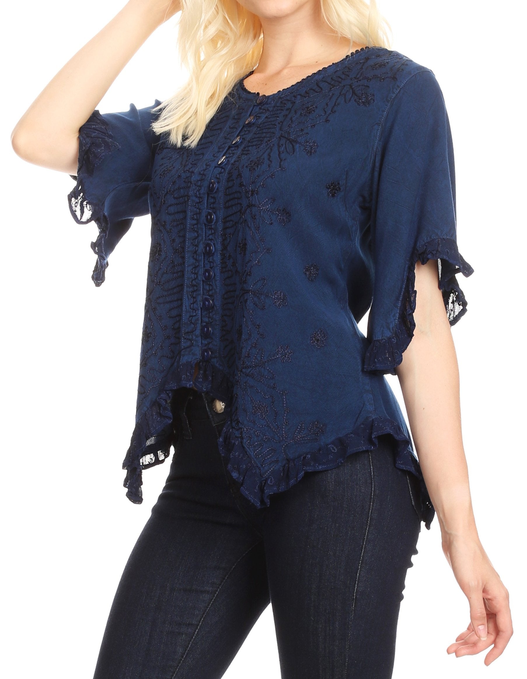 Sakkas Adela Womens 3/4 Sleeve V neck Lace and Embroidery Top Blouse with Ties