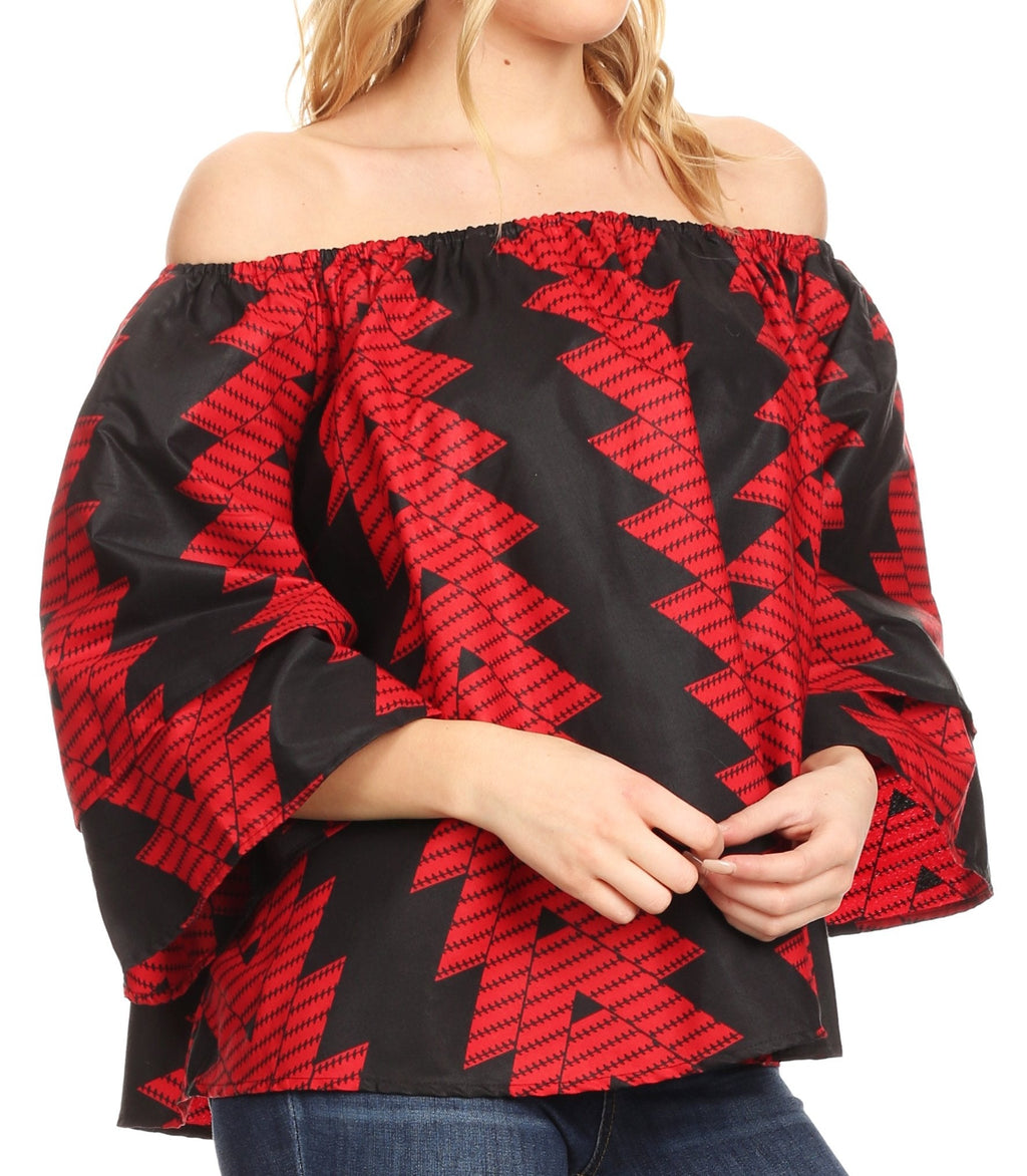 Sakkas Oni Women's Off the Shoulder African Ankara Wax Print Blouse Top Oversize