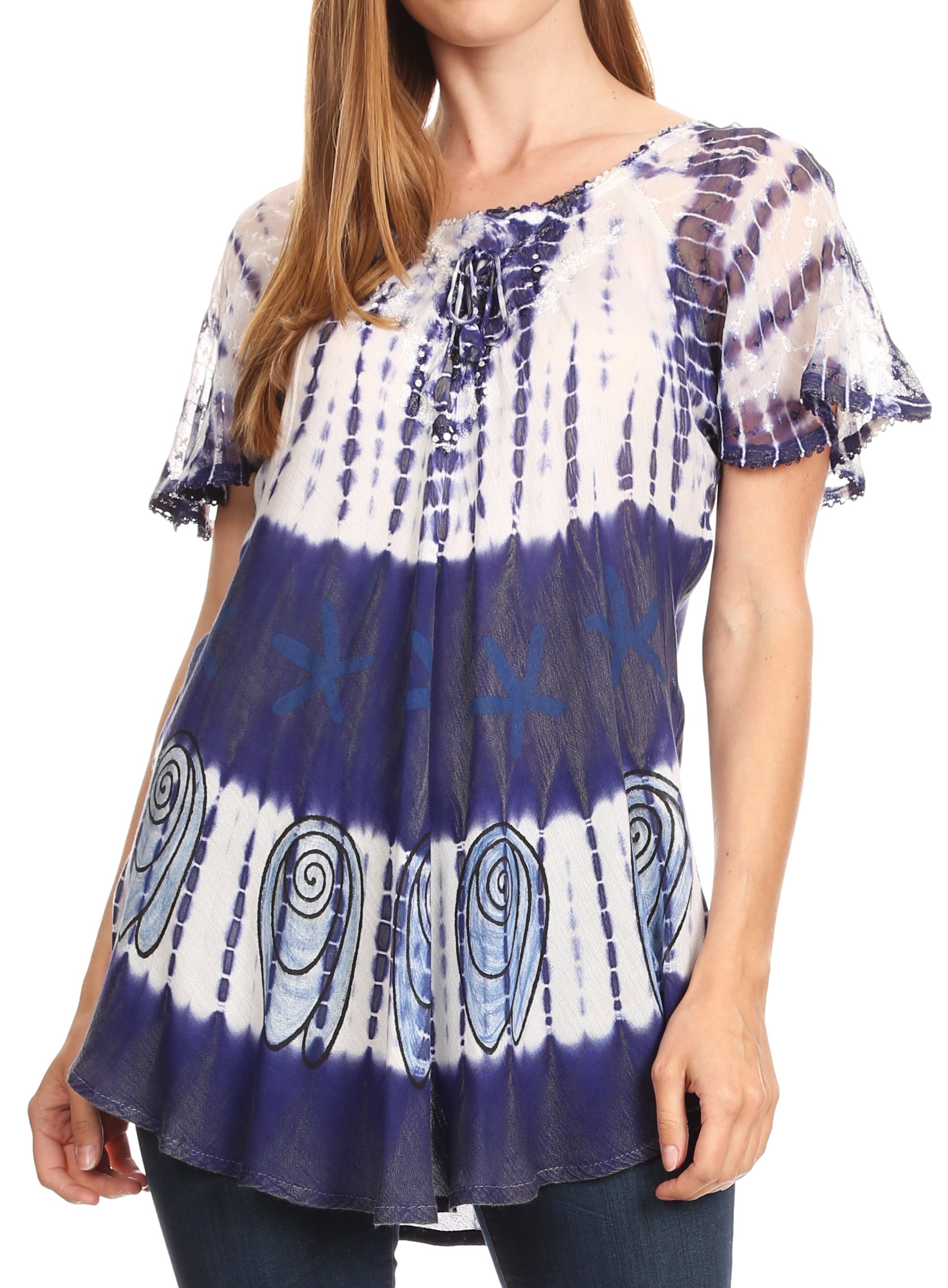 Sakkas Donna Women's Casual Lace Short Sleeve Tie Dye Corset Loose Top Blouse