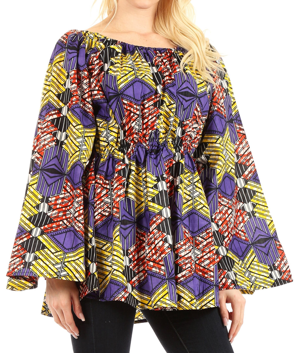 Sakkas Mela Women's Long Sleeve Peplum Off Shoulder Blouse Top in African Ankara