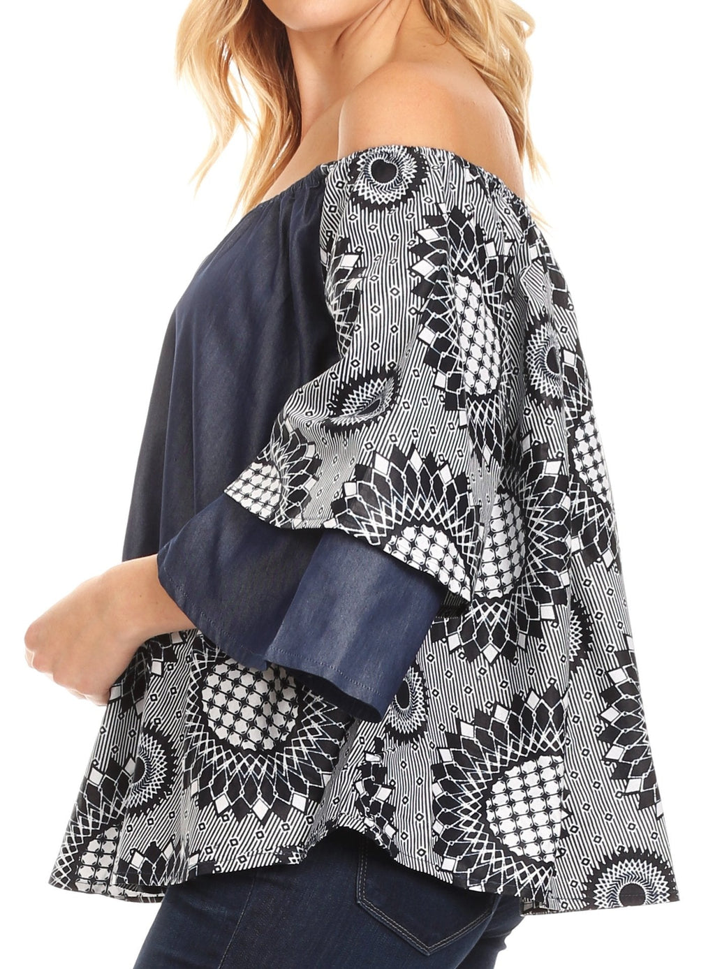 Sakkas Desta Off-shoulder Tent Top Blouse on Chambray and Wax African Ankara Print