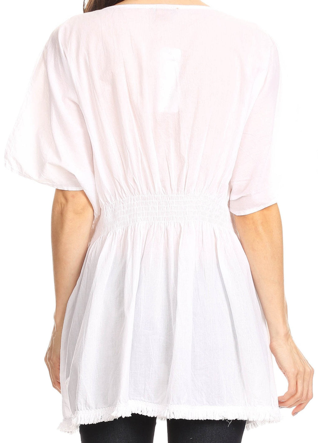 Sakkas Octavia Smocked Dolman Sleeve Fringe Blouse with Split Neck and Embroidery - Buy One, Get One 50% Off