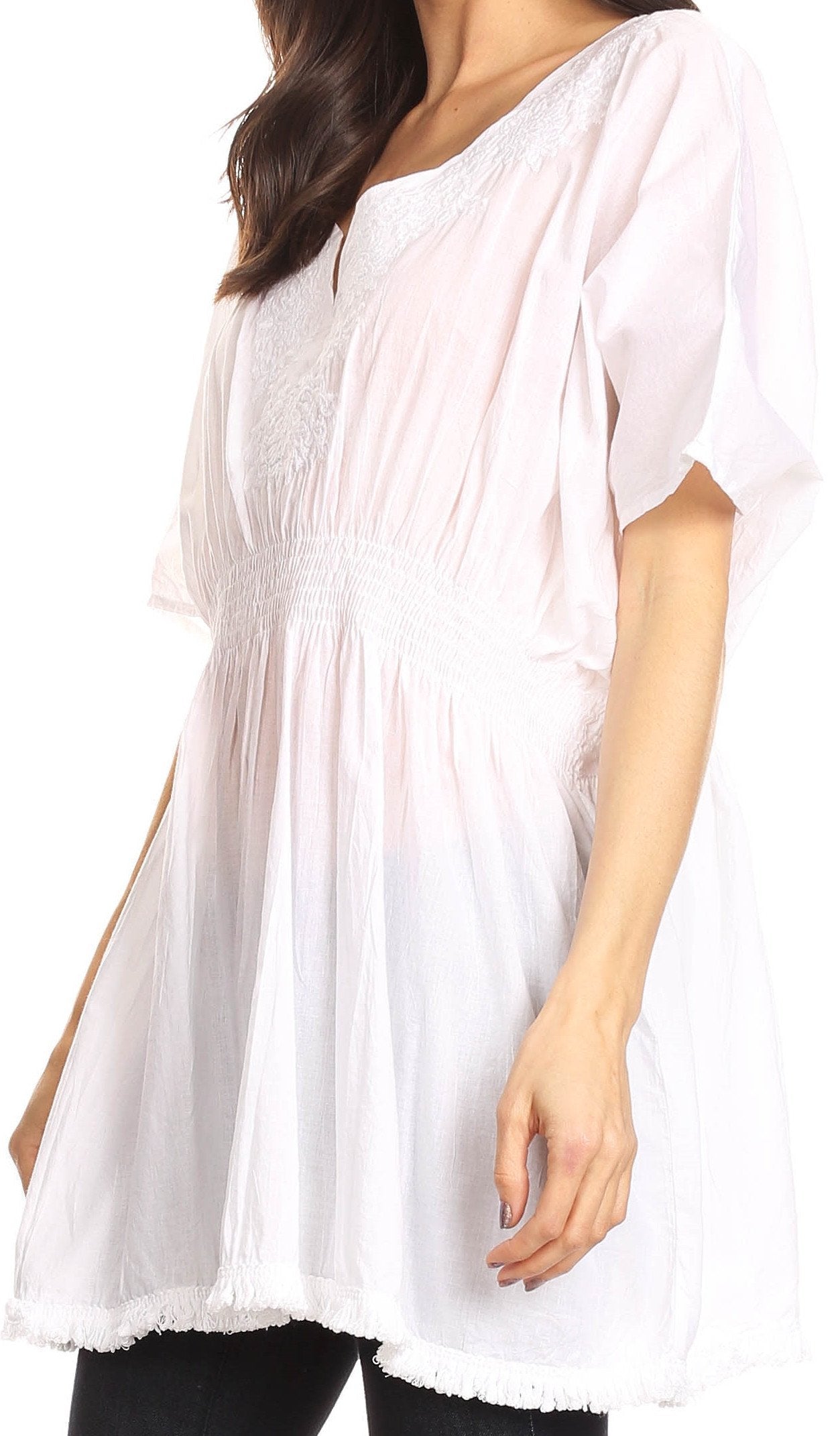 Sakkas Octavia Smocked Dolman Sleeve Fringe Blouse with Split Neck and Embroidery - Buy One, Get One 50% Off
