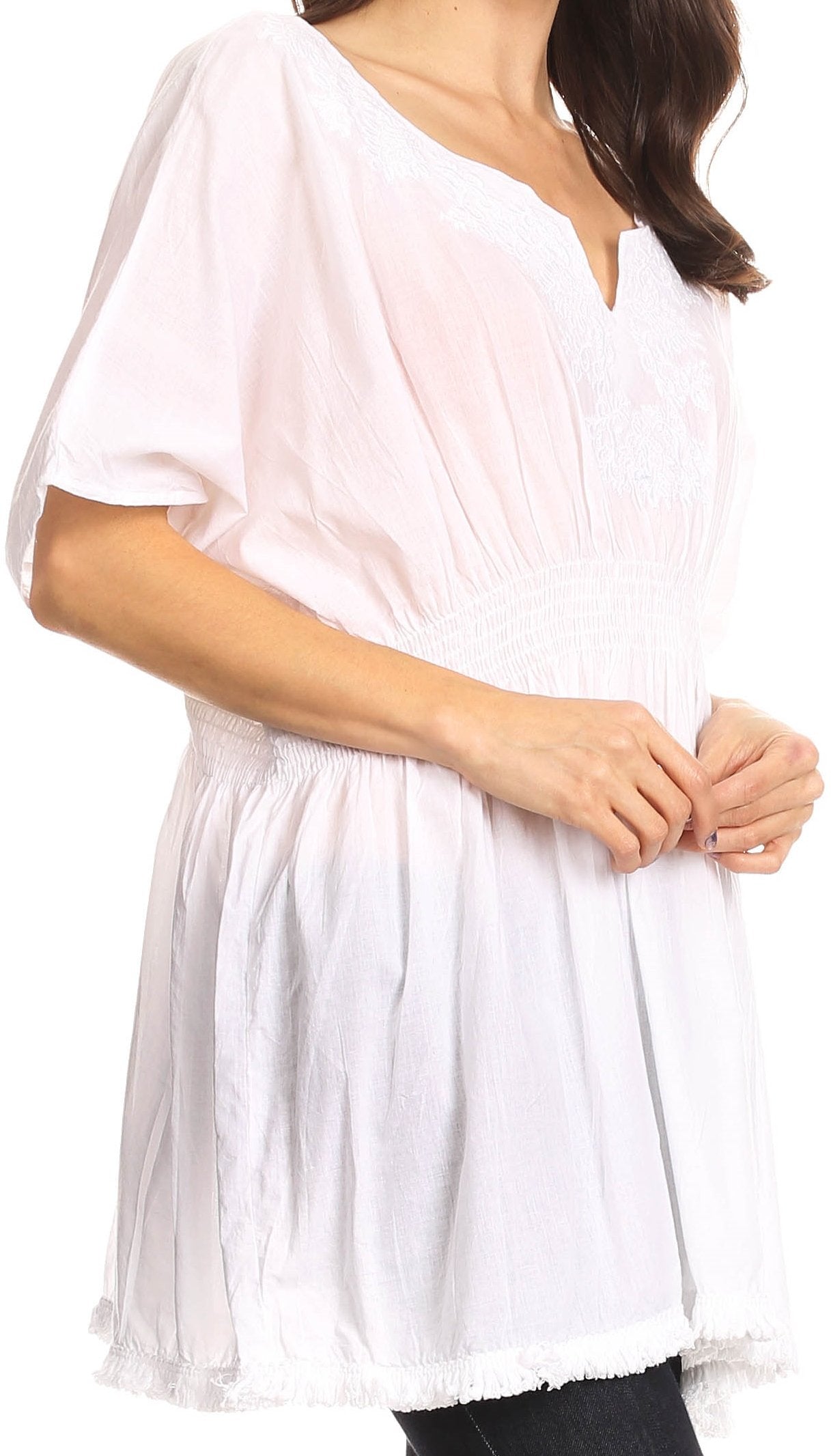 Sakkas Octavia Smocked Dolman Sleeve Fringe Blouse with Split Neck and Embroidery - Buy One, Get One 50% Off