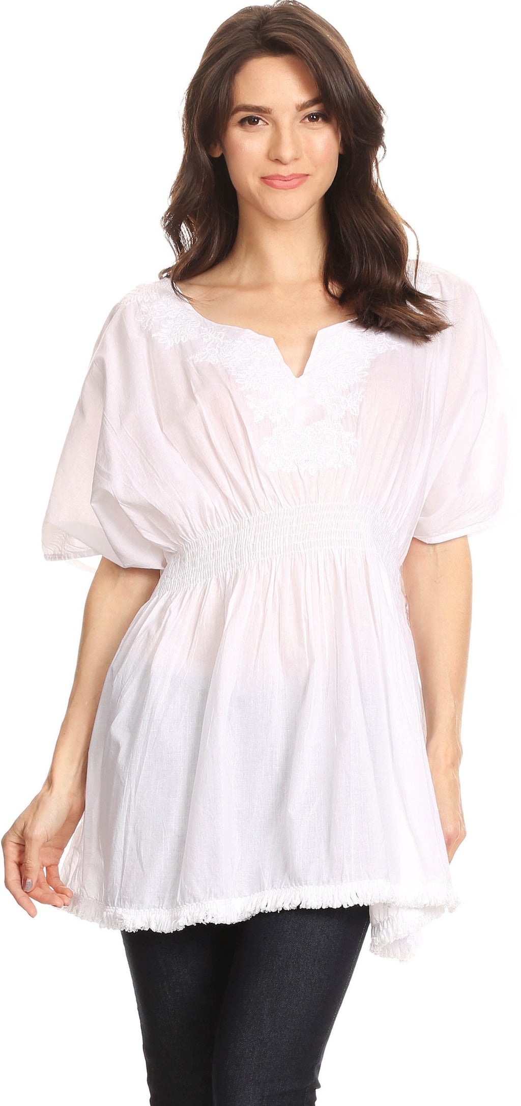 Sakkas Octavia Smocked Dolman Sleeve Fringe Blouse with Split Neck and Embroidery - Buy One, Get One 50% Off