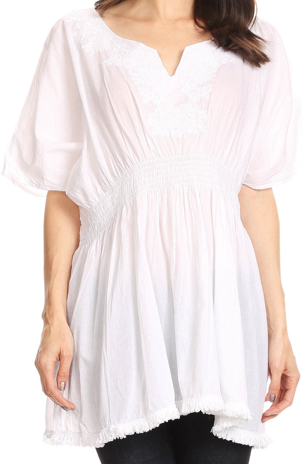 Sakkas Octavia Smocked Dolman Sleeve Fringe Blouse with Split Neck and Embroidery - Buy One, Get One 50% Off