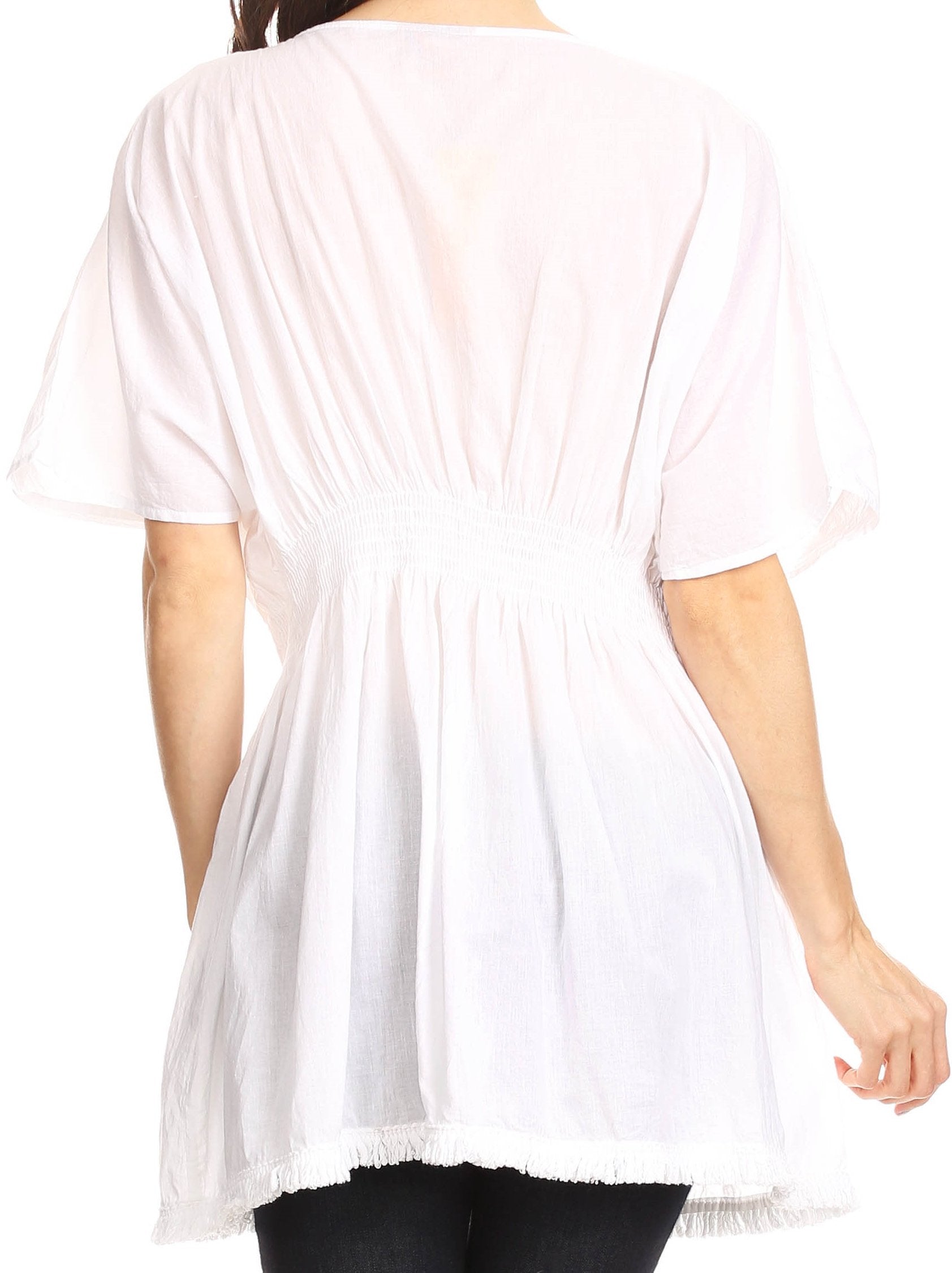 Sakkas Octavia Smocked Dolman Sleeve Fringe Blouse with Split Neck and Embroidery - Buy One, Get One 50% Off