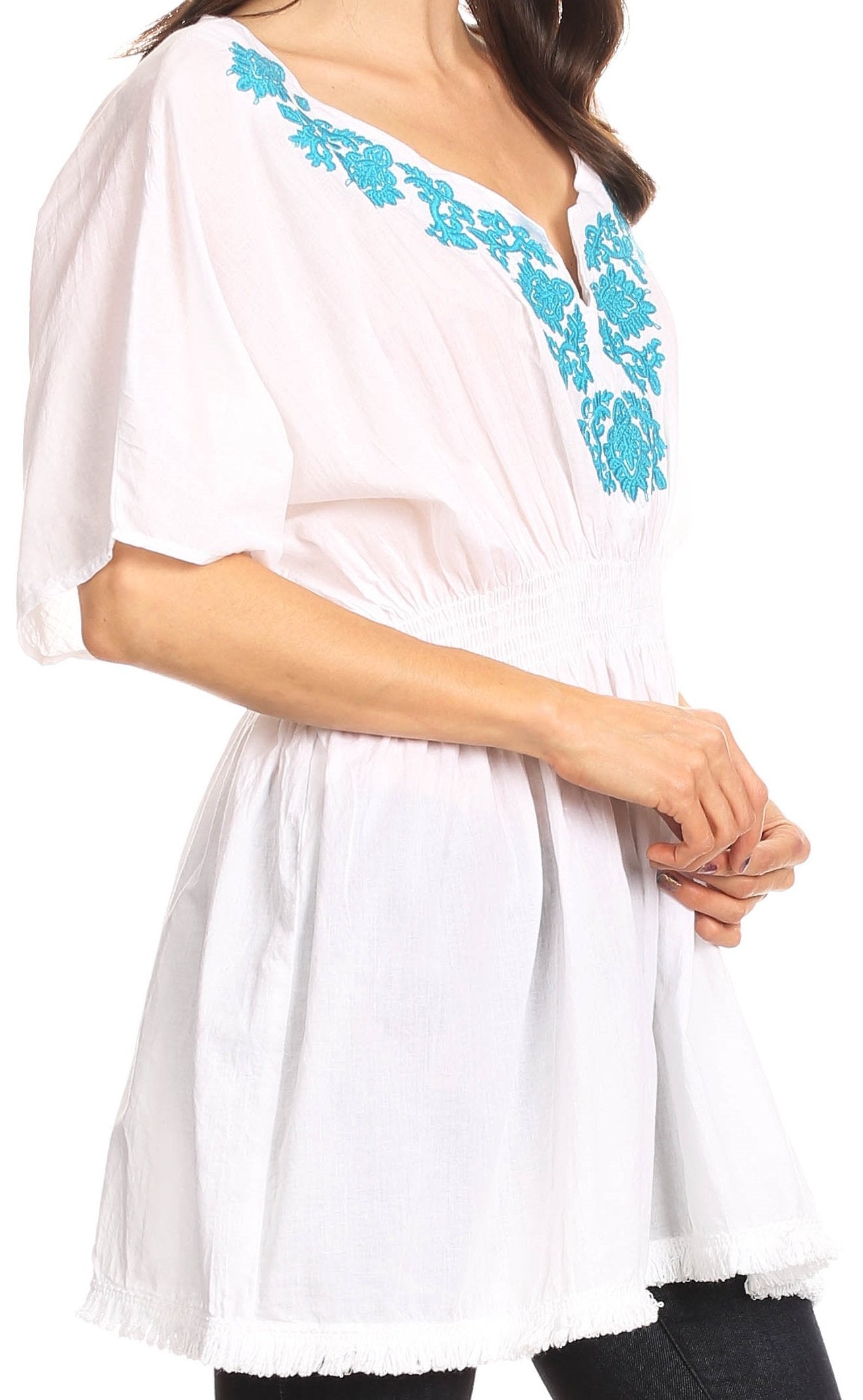 Sakkas Octavia Smocked Dolman Sleeve Fringe Blouse with Split Neck and Embroidery - Buy One, Get One 50% Off