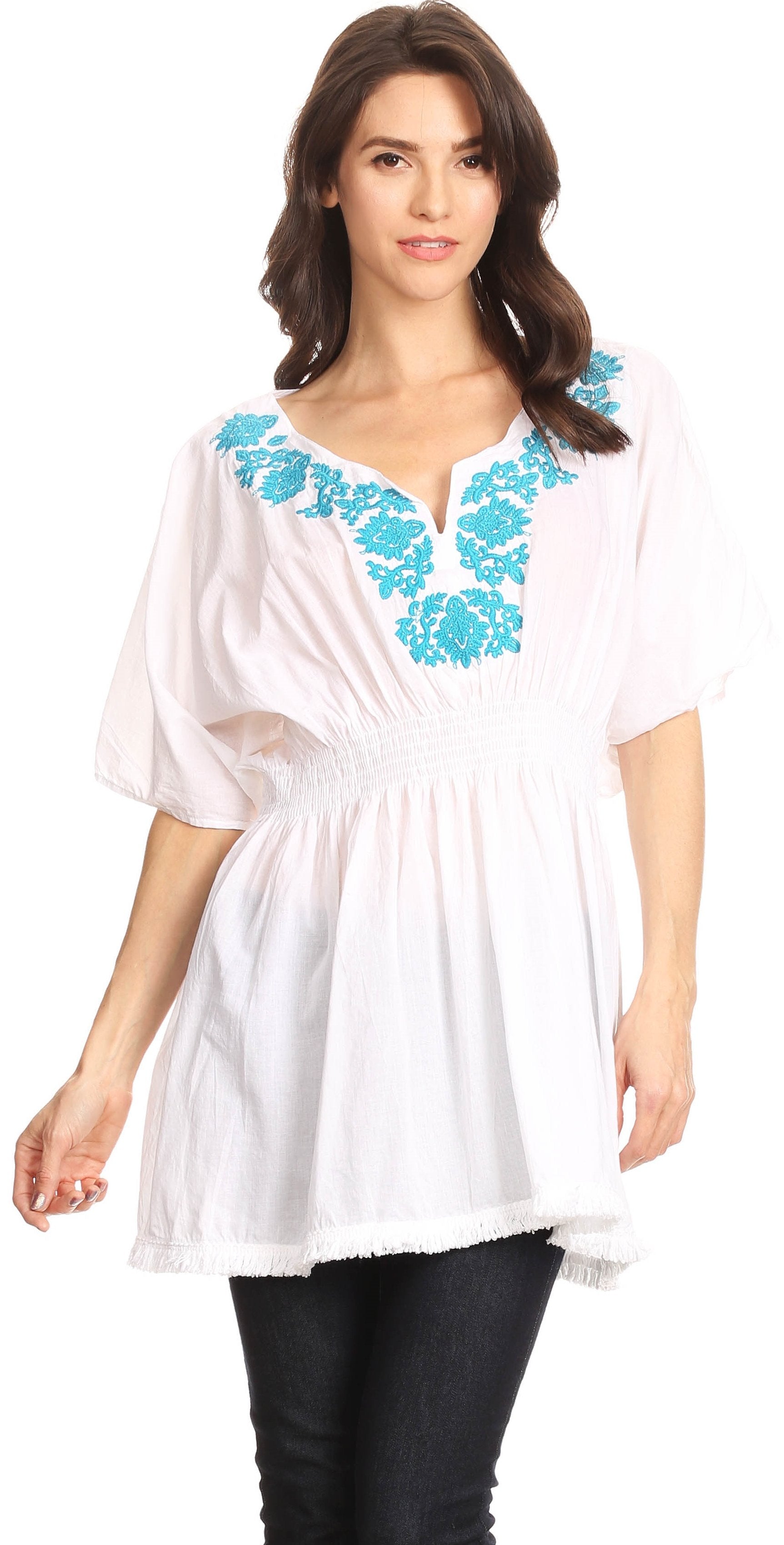 Sakkas Octavia Smocked Dolman Sleeve Fringe Blouse with Split Neck and Embroidery - Buy One, Get One 50% Off