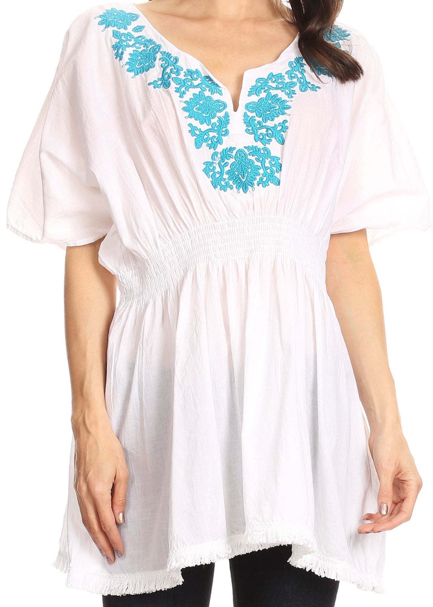 Sakkas Octavia Smocked Dolman Sleeve Fringe Blouse with Split Neck and Embroidery - Buy One, Get One 50% Off