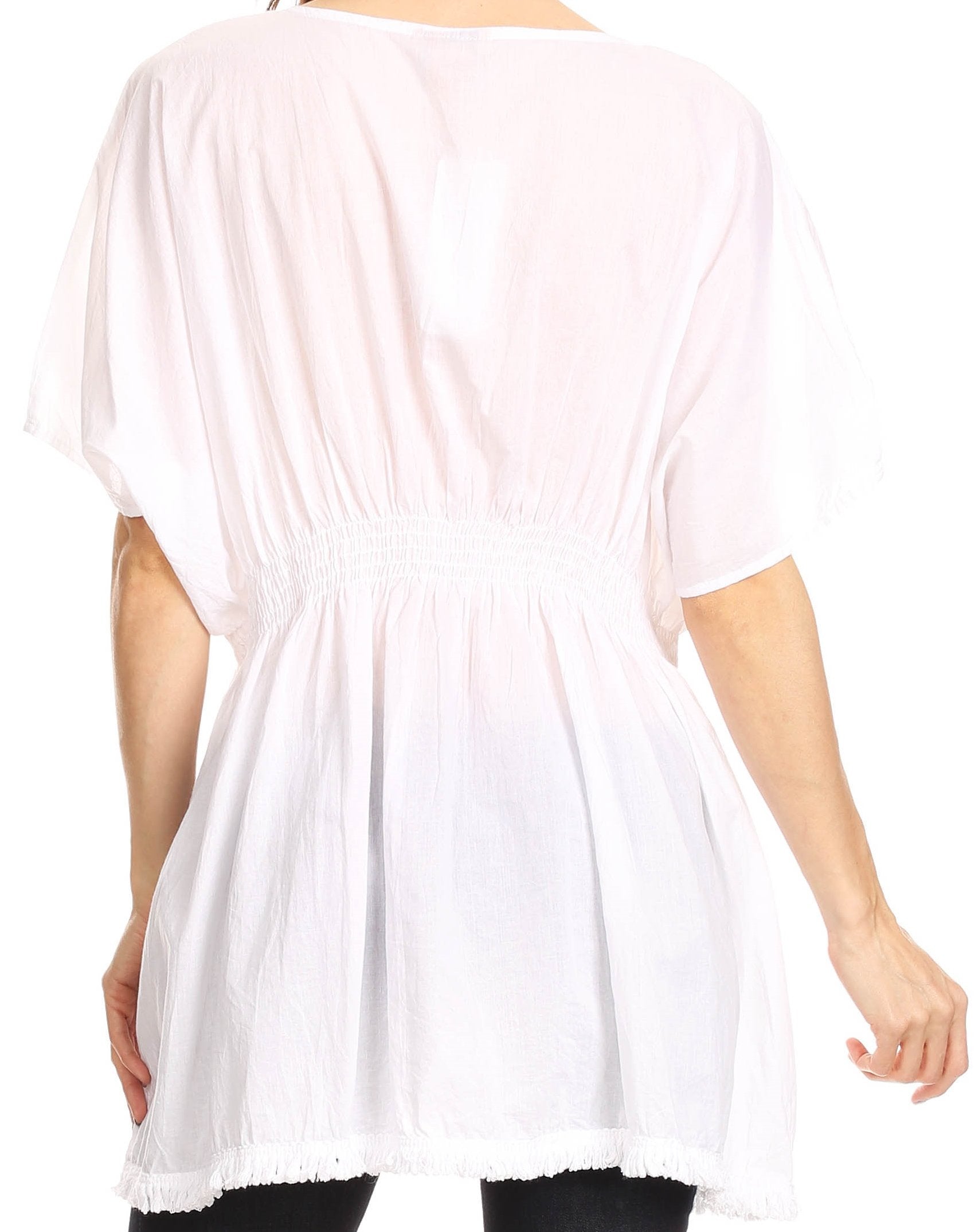 Sakkas Octavia Smocked Dolman Sleeve Fringe Blouse with Split Neck and Embroidery - Buy One, Get One 50% Off