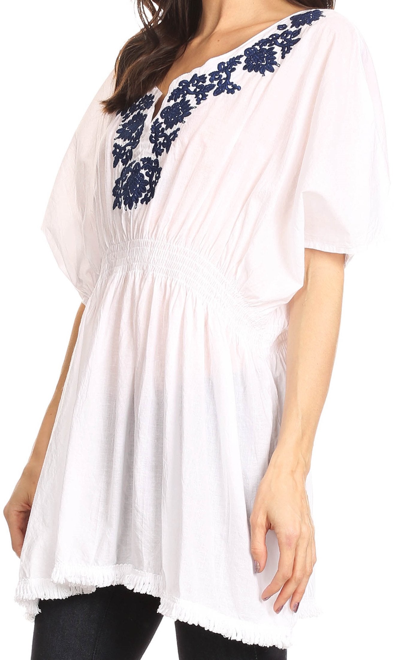 Sakkas Octavia Smocked Dolman Sleeve Fringe Blouse with Split Neck and Embroidery - Buy One, Get One 50% Off