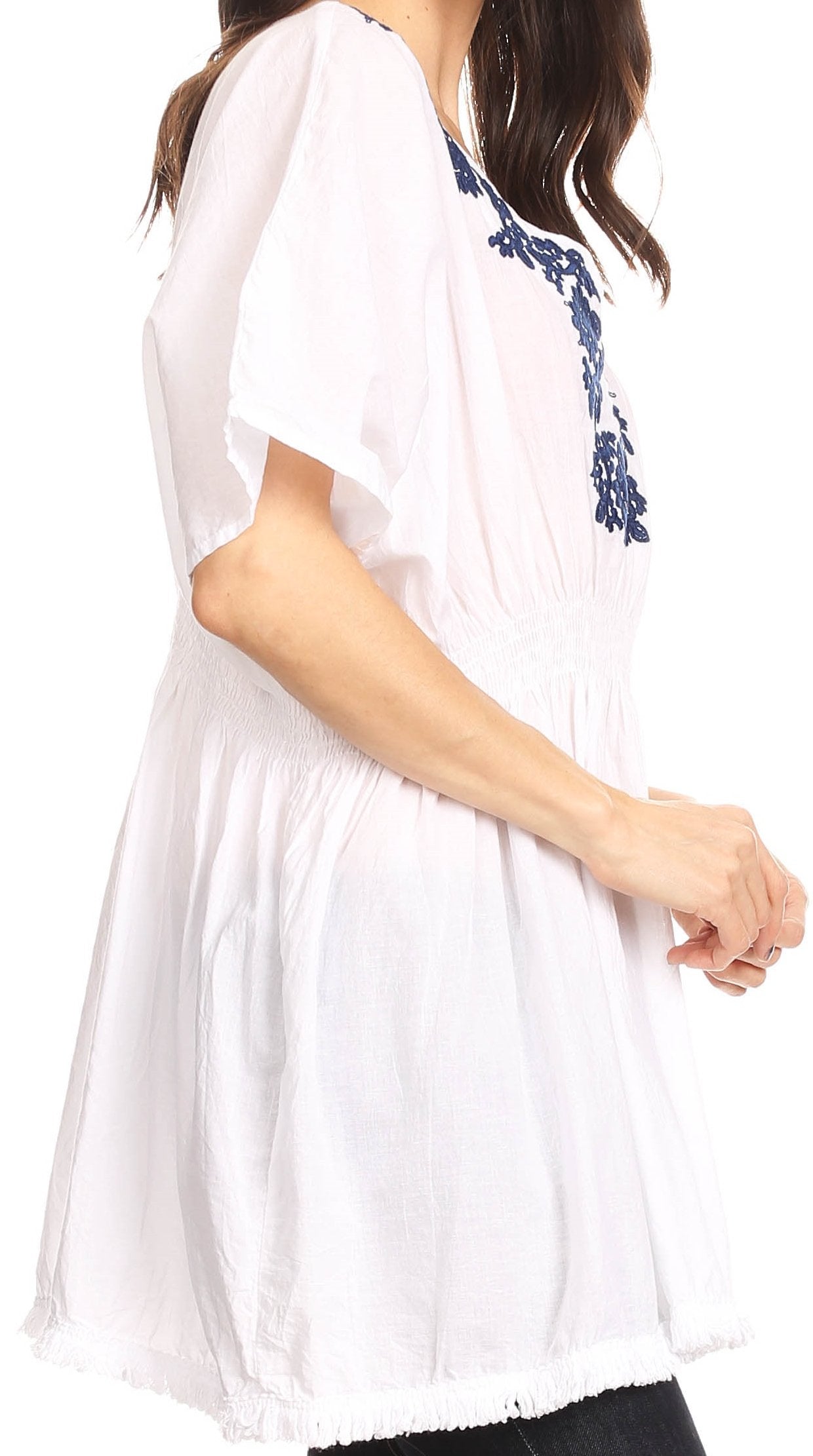 Sakkas Octavia Smocked Dolman Sleeve Fringe Blouse with Split Neck and Embroidery - Buy One, Get One 50% Off