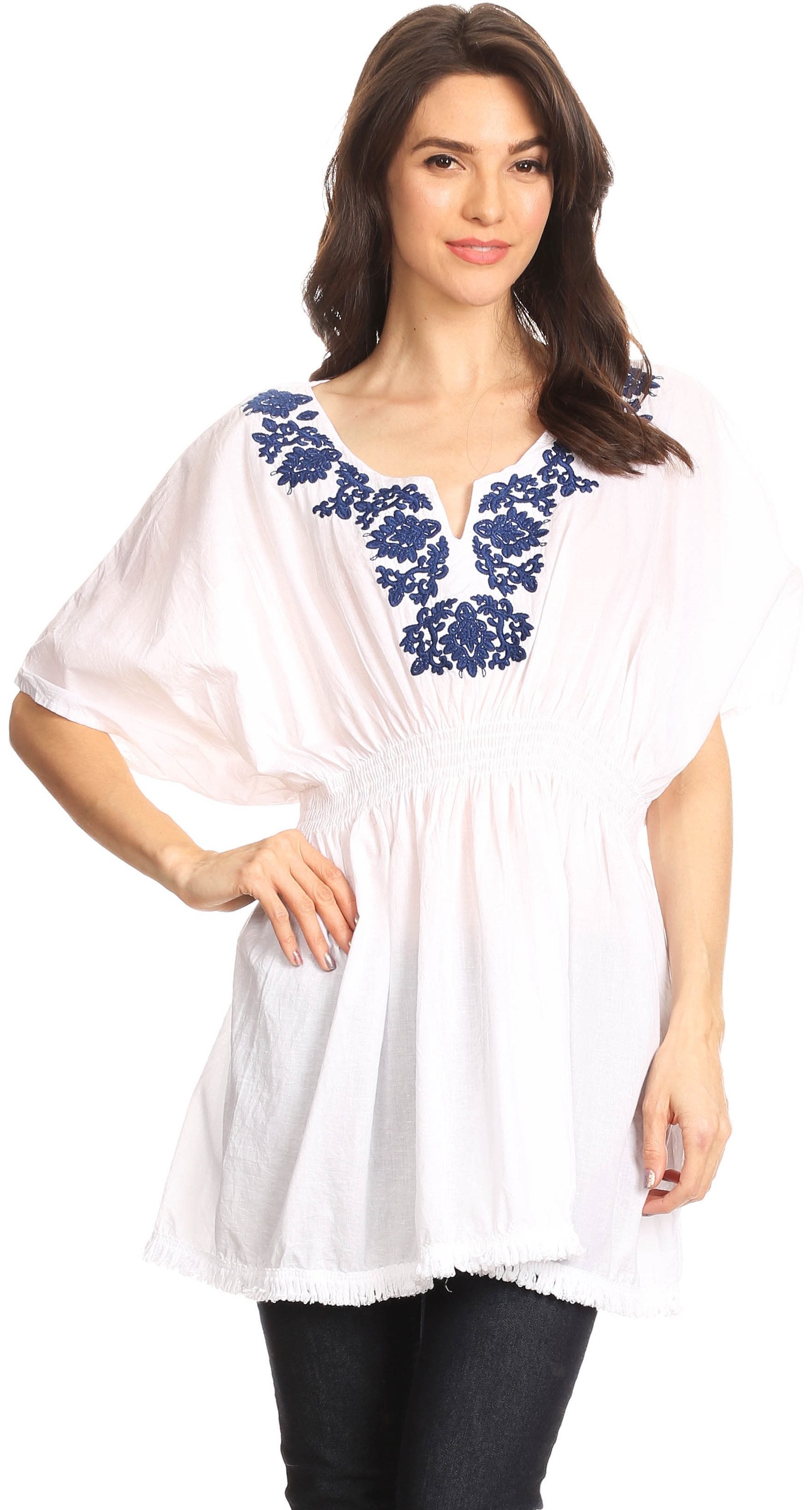 Sakkas Octavia Smocked Dolman Sleeve Fringe Blouse with Split Neck and Embroidery - Buy One, Get One 50% Off