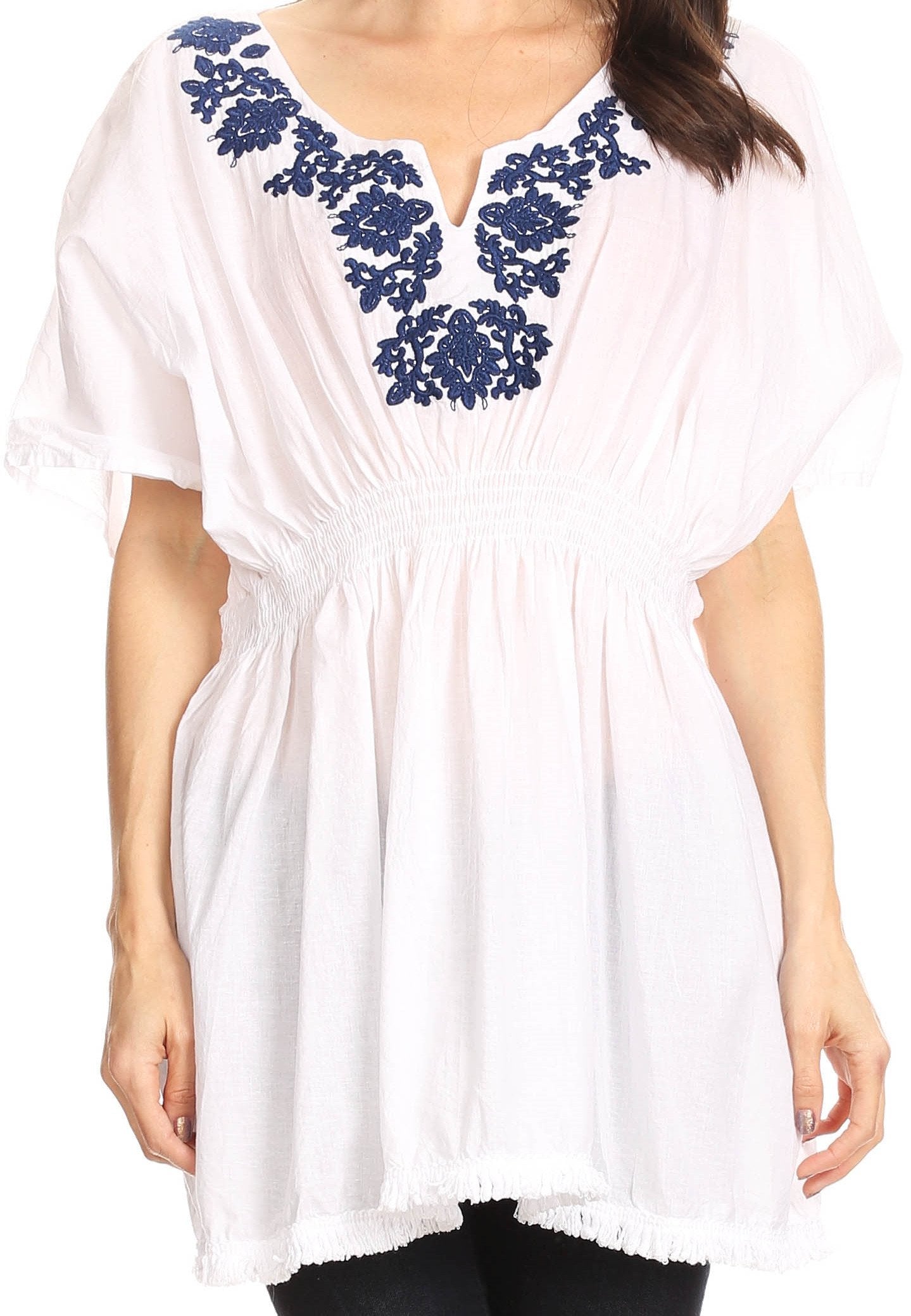 Sakkas Octavia Smocked Dolman Sleeve Fringe Blouse with Split Neck and Embroidery - Buy One, Get One 50% Off