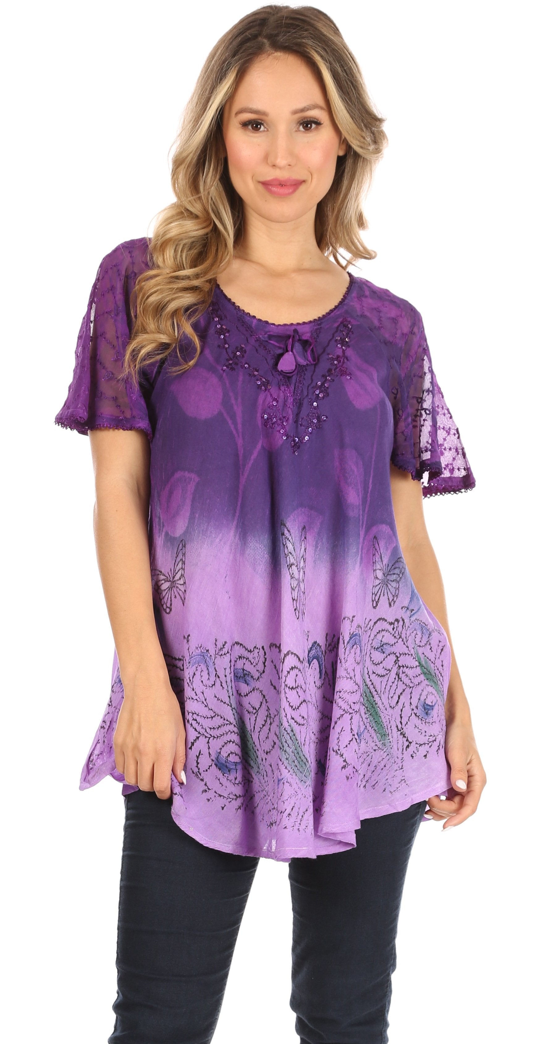 Sakkas Petra Women's Casual Loose Flared Corset Short Sleeve Lace Blouse Top Tunic - Buy One Get One Free