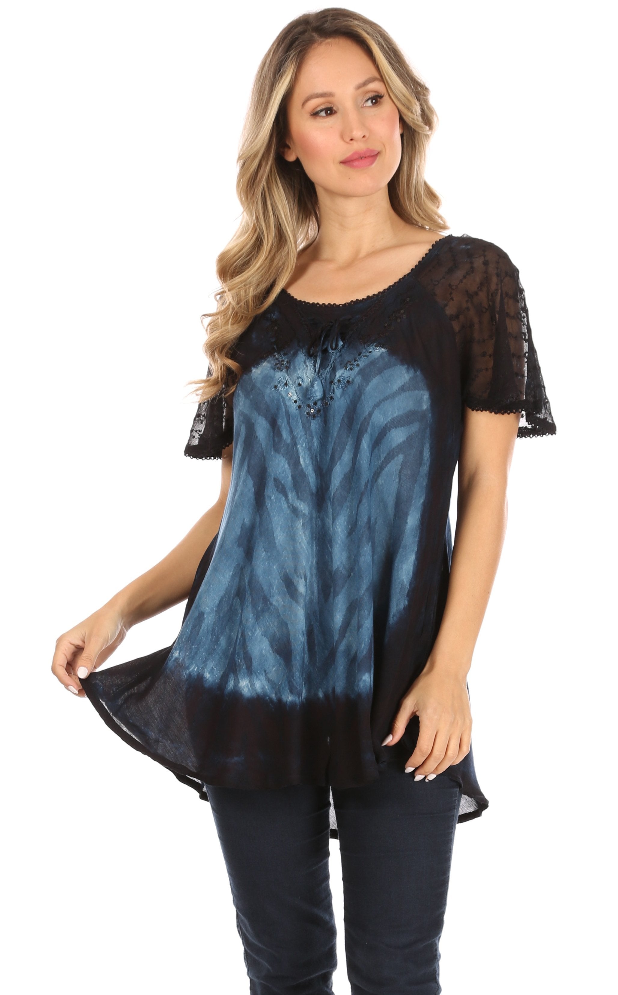 Sakkas Petra Women's Casual Loose Flared Corset Short Sleeve Lace Blouse Top Tunic - Buy One Get One Free
