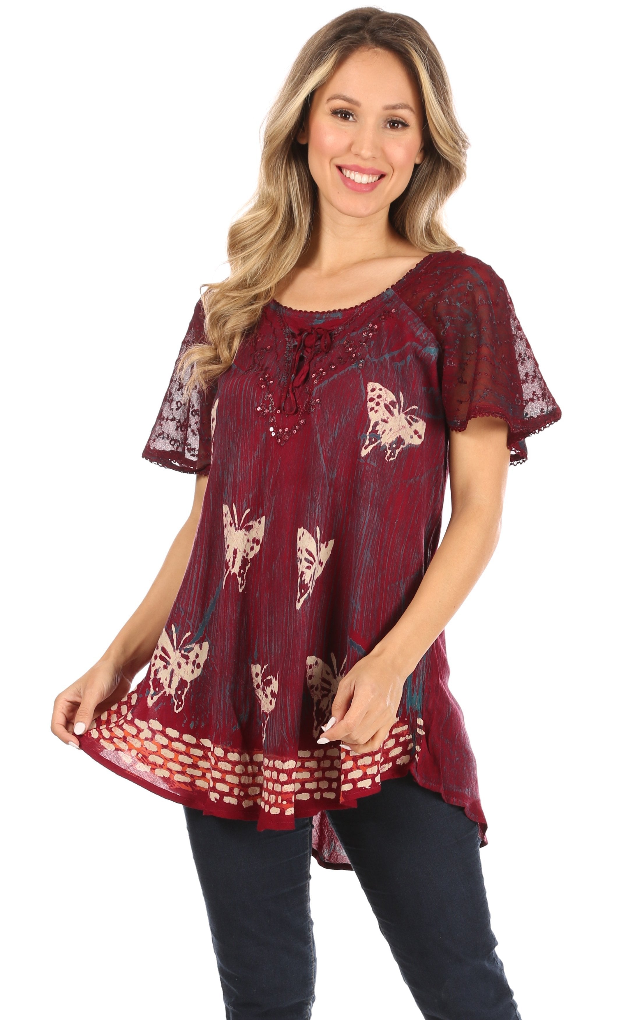 Sakkas Petra Women's Casual Loose Flared Corset Short Sleeve Lace Blouse Top Tunic - Buy One Get One Free