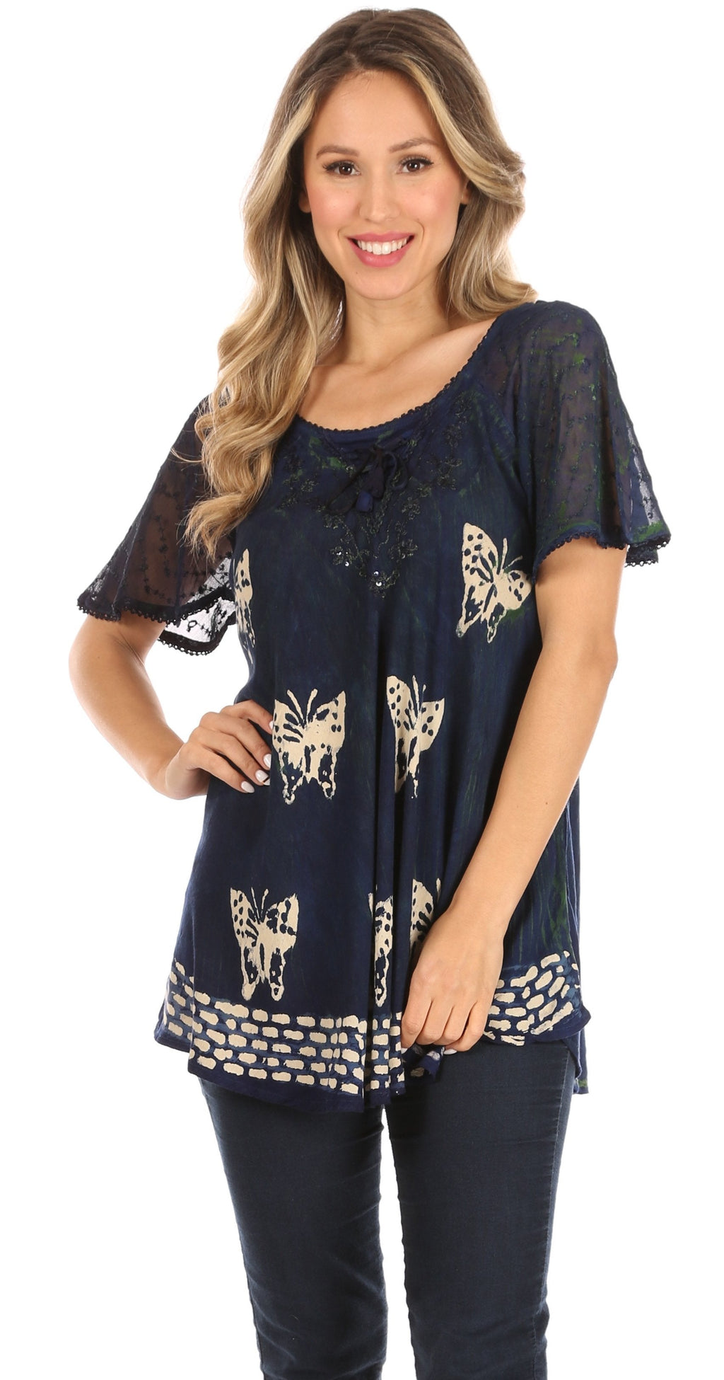 Sakkas Petra Women's Casual Loose Flared Corset Short Sleeve Lace Blouse Top Tunic - Buy One Get One Free