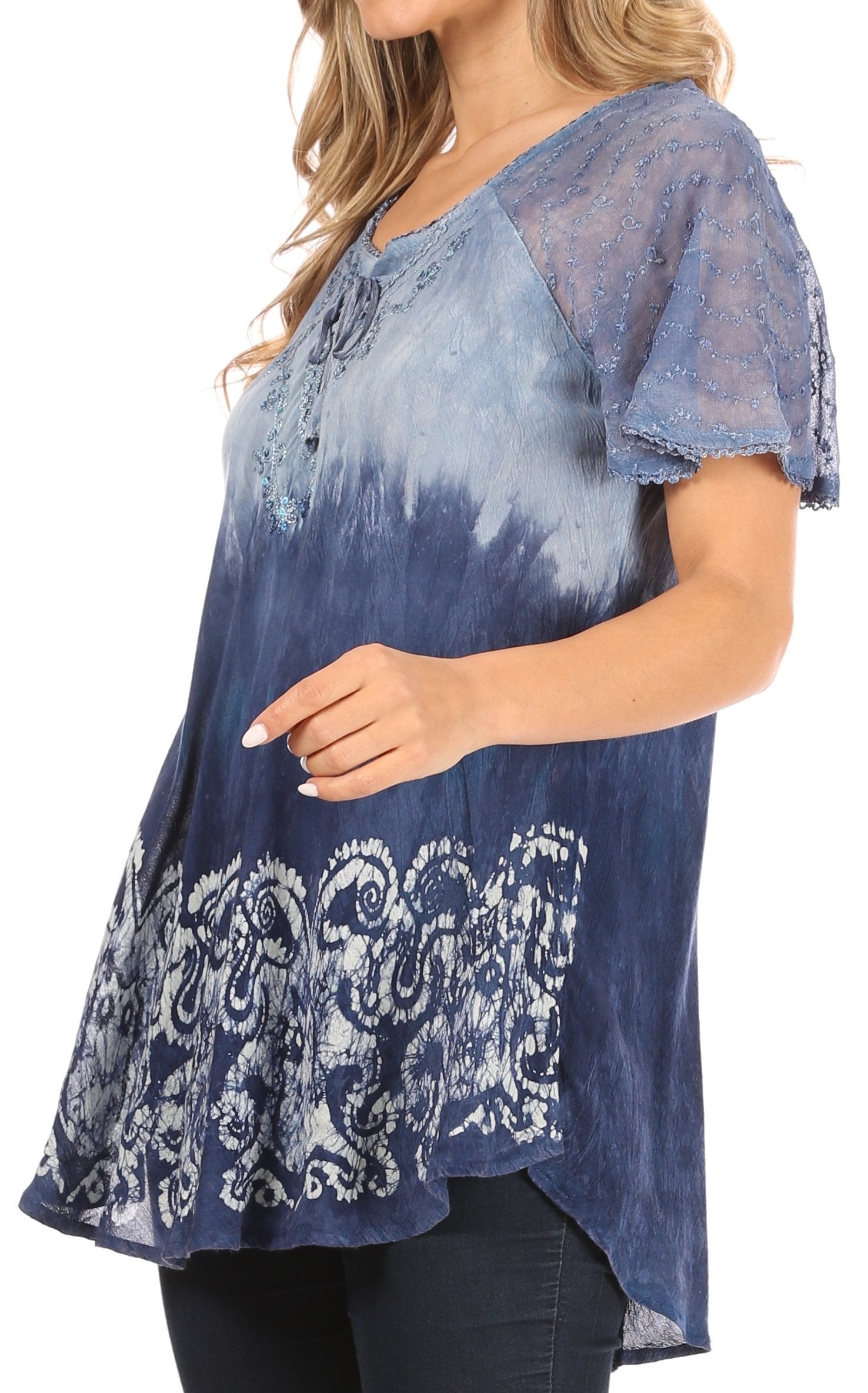 Sakkas Petra Women's Casual Loose Flared Corset Short Sleeve Lace Blouse Top Tunic - Buy One Get One Free
