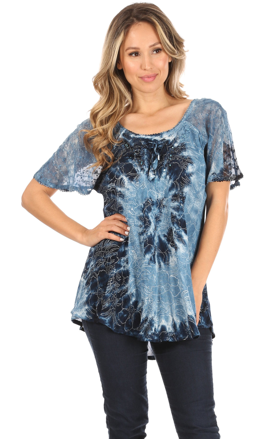 Sakkas Petra Women's Casual Loose Flared Corset Short Sleeve Lace Blouse Top Tunic - Buy One Get One Free