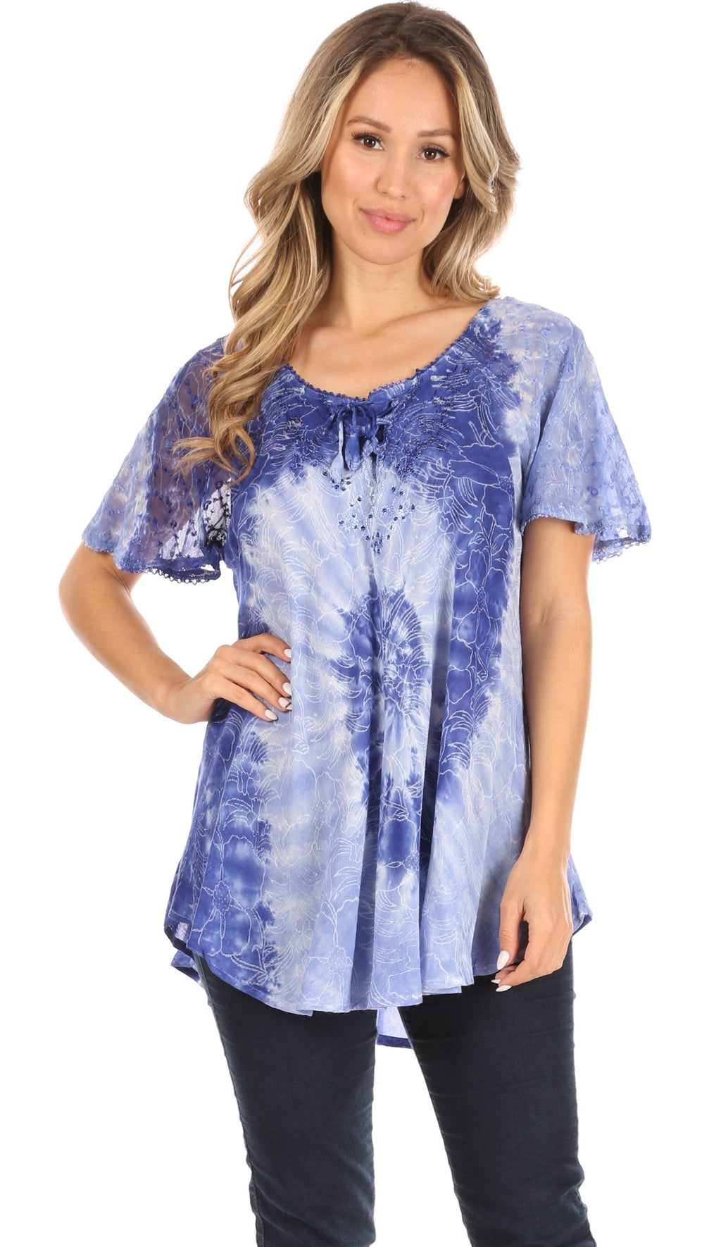 Sakkas Petra Women's Casual Loose Flared Corset Short Sleeve Lace Blouse Top Tunic - Buy One Get One Free