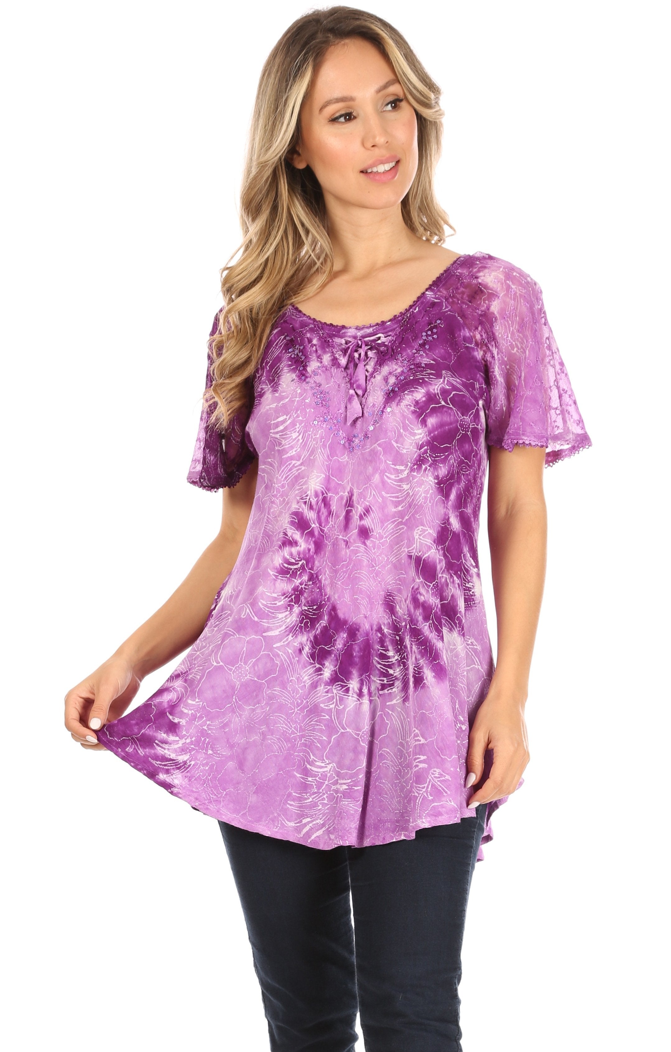 Sakkas Petra Women's Casual Loose Flared Corset Short Sleeve Lace Blouse Top Tunic - Buy One Get One Free