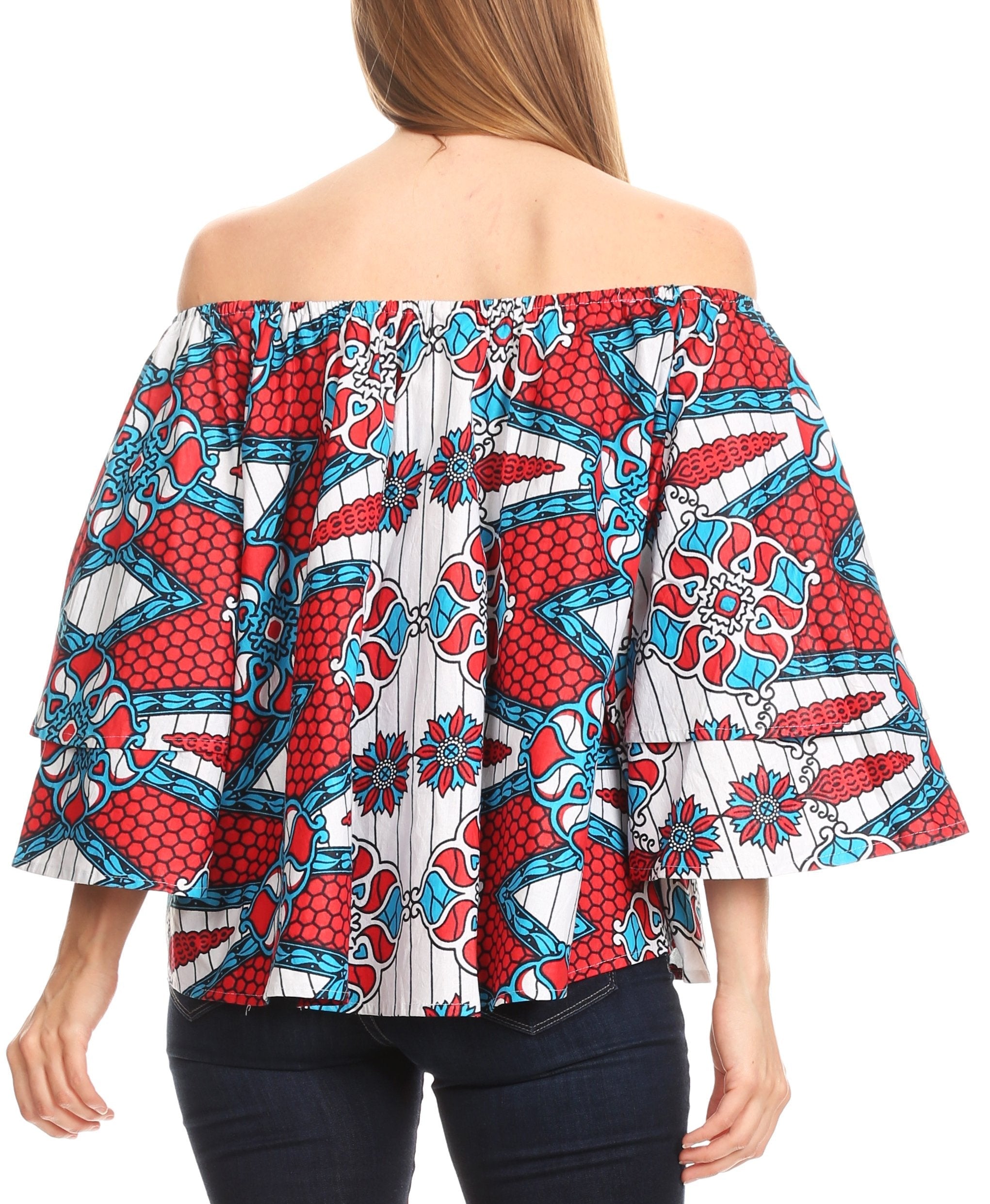 Sakkas Abree Off-shoulder Short Sleeve  Blouse Top Ankara Wax Dutch African Print