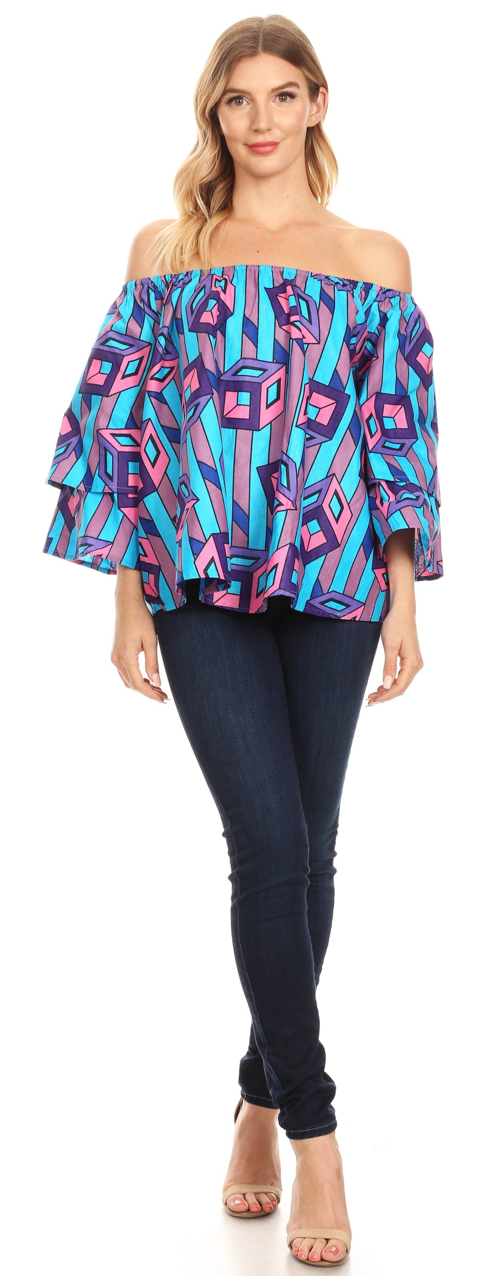 Sakkas Abree Off-shoulder Short Sleeve  Blouse Top Ankara Wax Dutch African Print