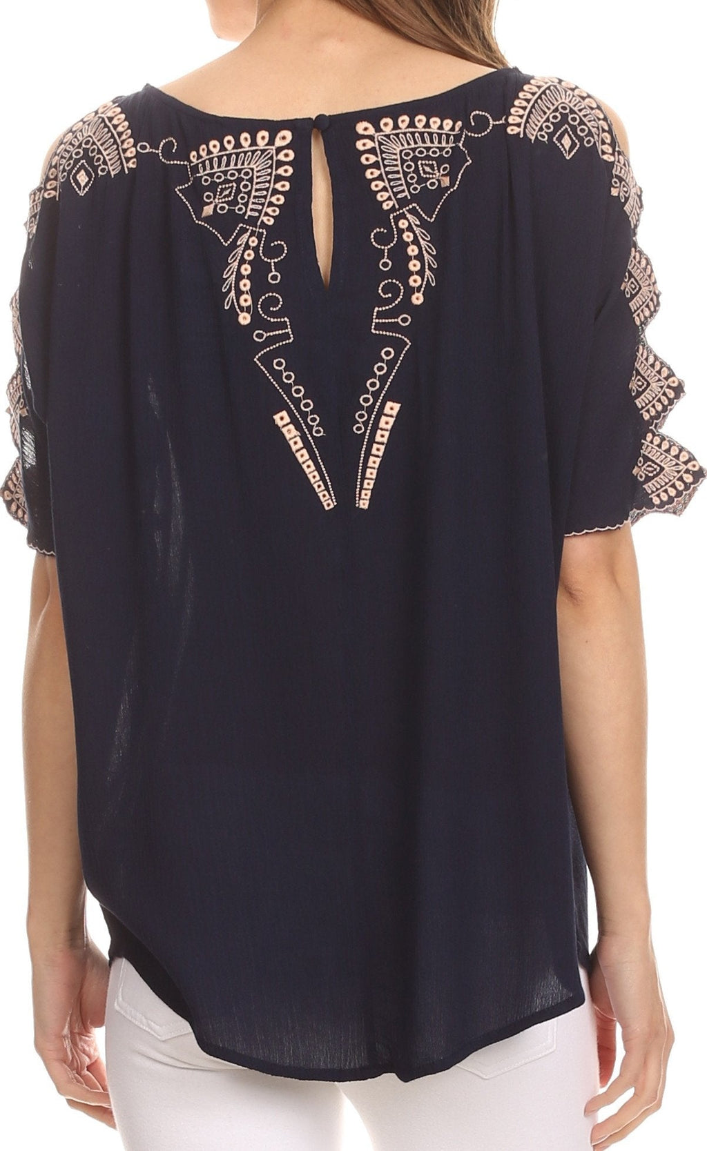 Sakkas Enya Batik Wide Scoop Neck Blouse Shirt Top Open Sleeves