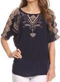 Sakkas Enya Batik Wide Scoop Neck Blouse Shirt Top Open Sleeves
