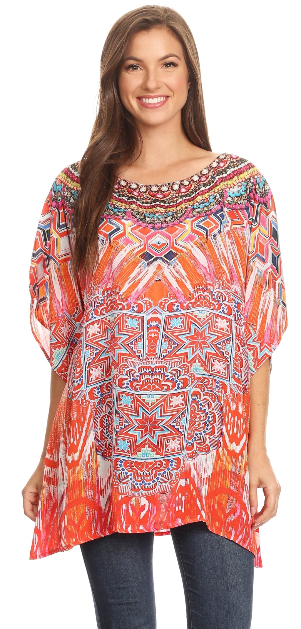 Sakkas Lada Womens Loose Oversized Short Sleeve Top Blouse with Embellishment