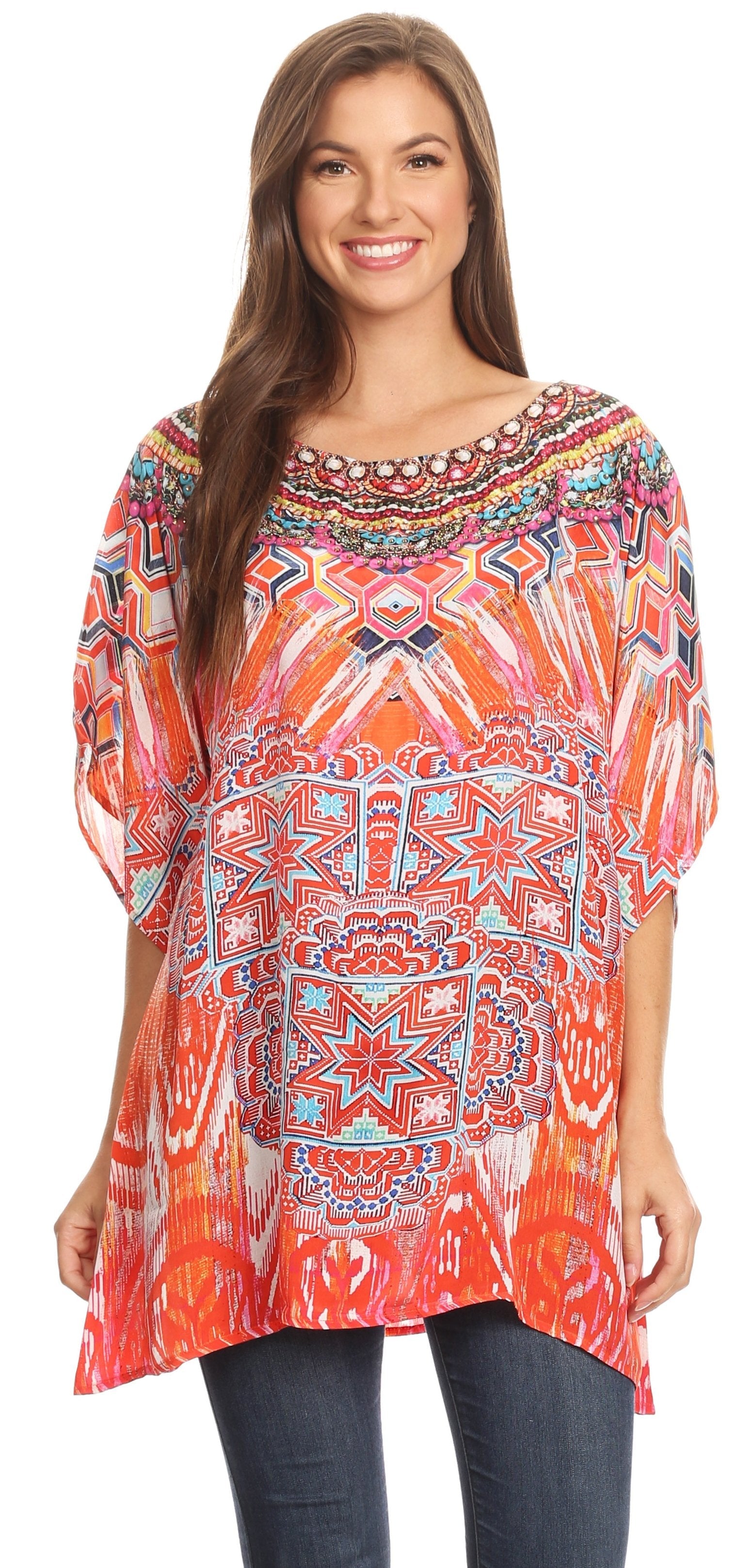 Sakkas Lada Womens Loose Oversized Short Sleeve Top Blouse with Embellishment