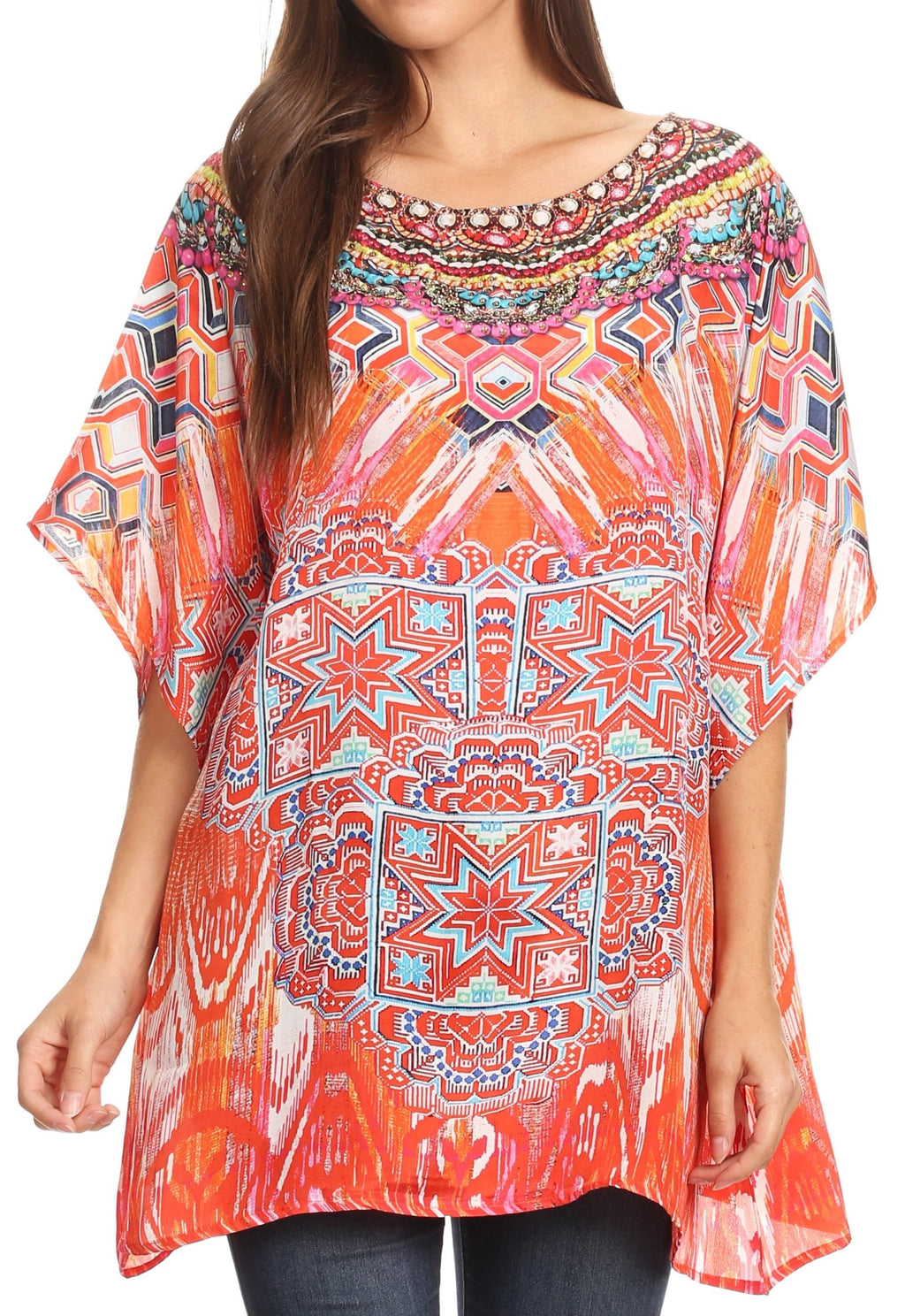 Sakkas Lada Womens Loose Oversized Short Sleeve Top Blouse with Embellishment