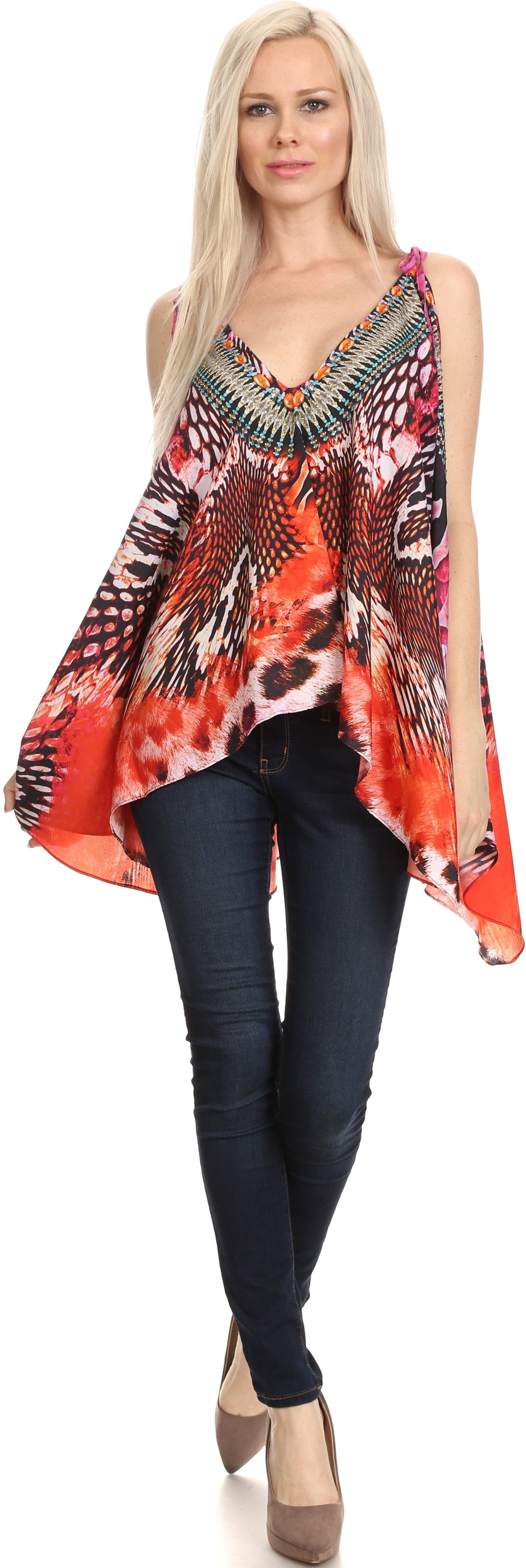 Sakkas Nasreen Sleeveless Printed V-Neck Tank Trapeze Caftan Adjustable Straps