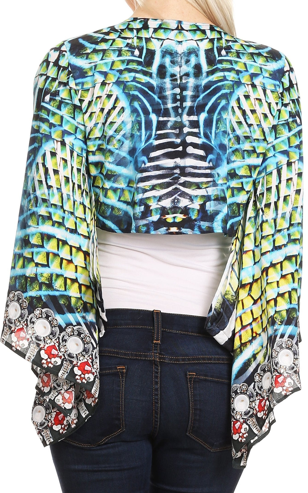Sakkas Amita Printed Embellished Kaftan Front Tie Kimono Sleeve Crop Top Shrug