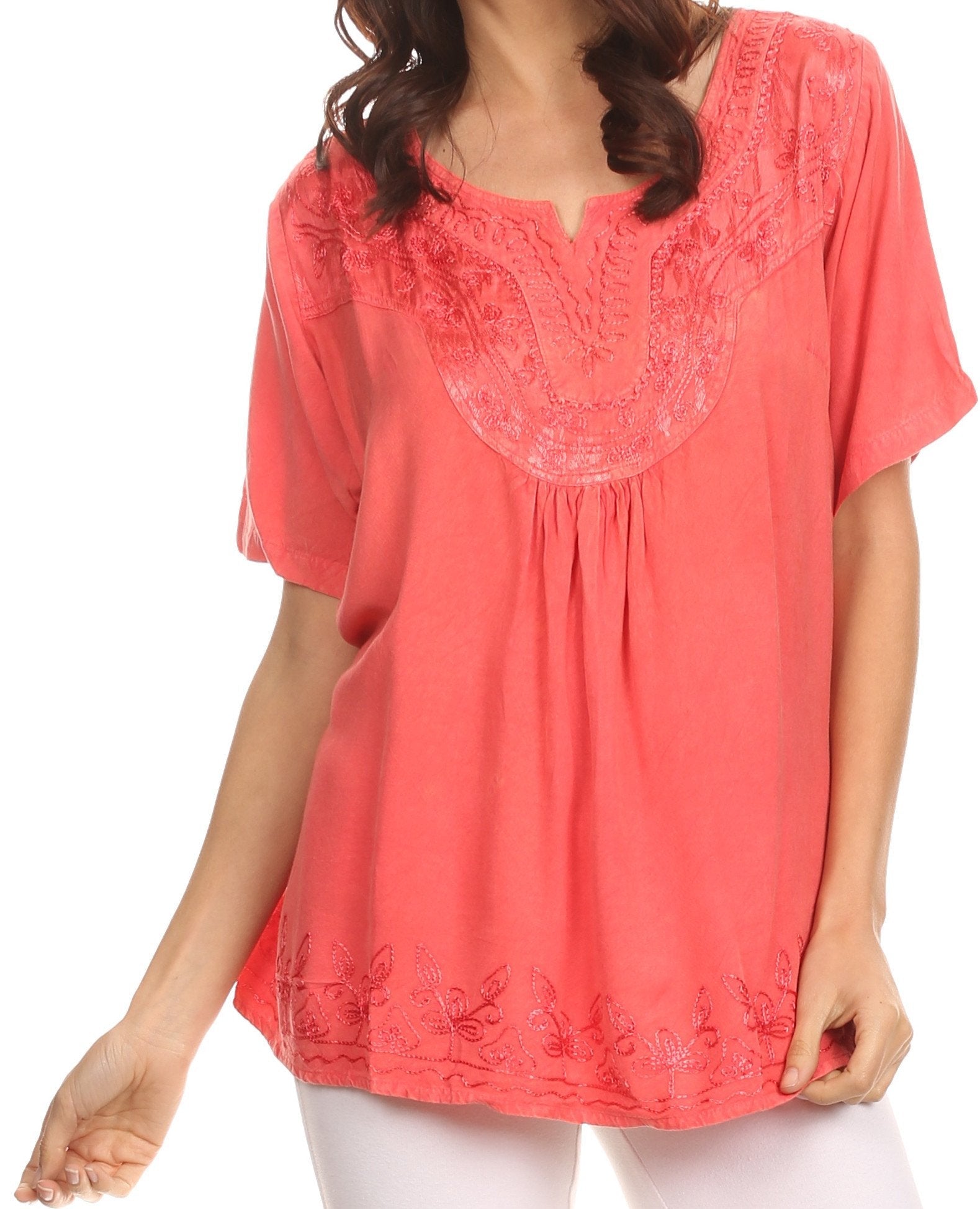Sakkas Isabeli Leaf Embroidered Blouse Top Shirt With Cap Sleeves And Wide Neck