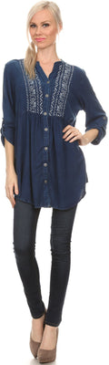 Sakkas Lizbeth V-neck Button Front Adjustable Long Sleeve Embroidered Blouse Top