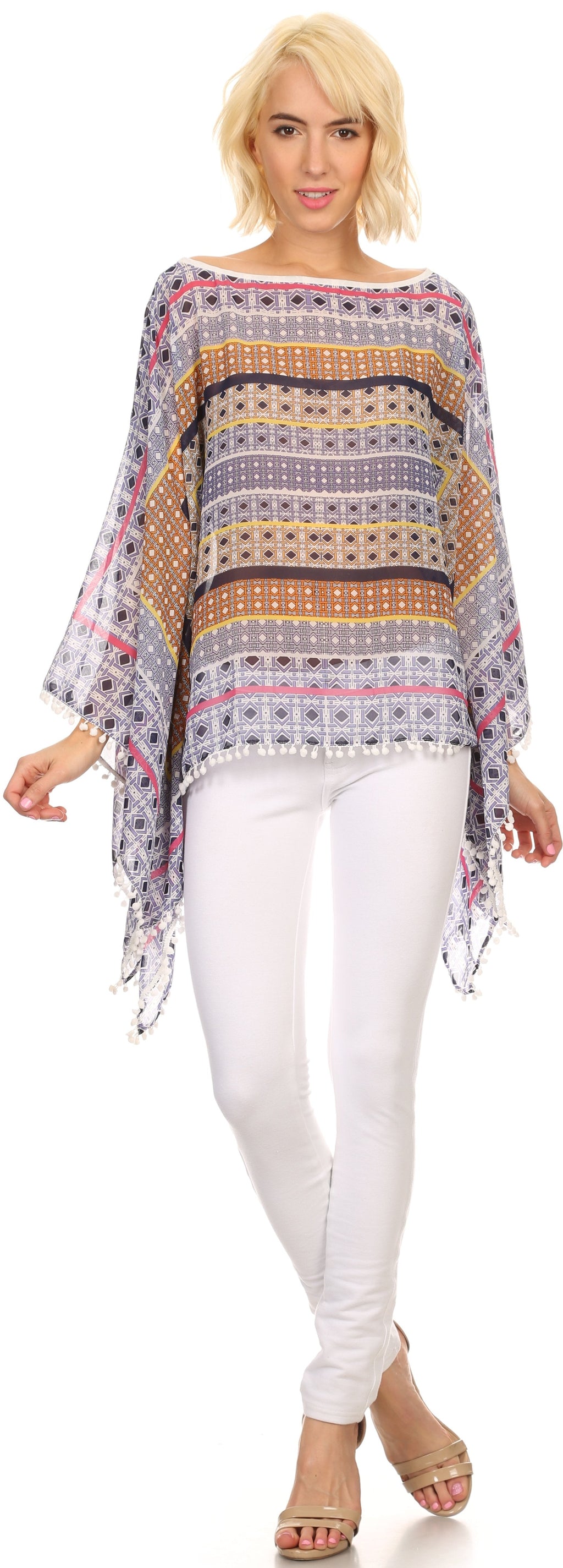 Sakkas Luiem Long Tall Wide Tribal Print Multi Colored Tassel Poncho Top Blouse