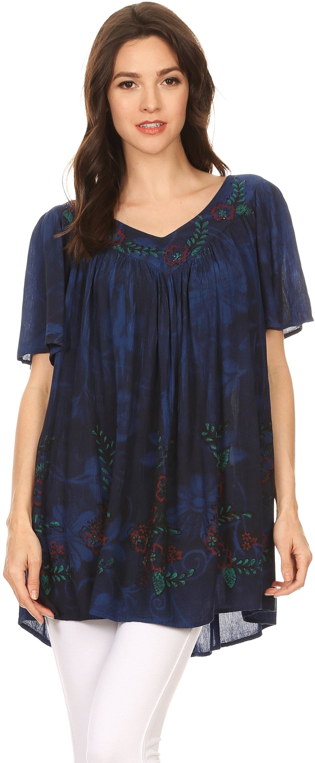 Sakkas Kyla Relaxed Fit Floral Sequin Embroidered V-neck Cap Sleeve Blouse / Top